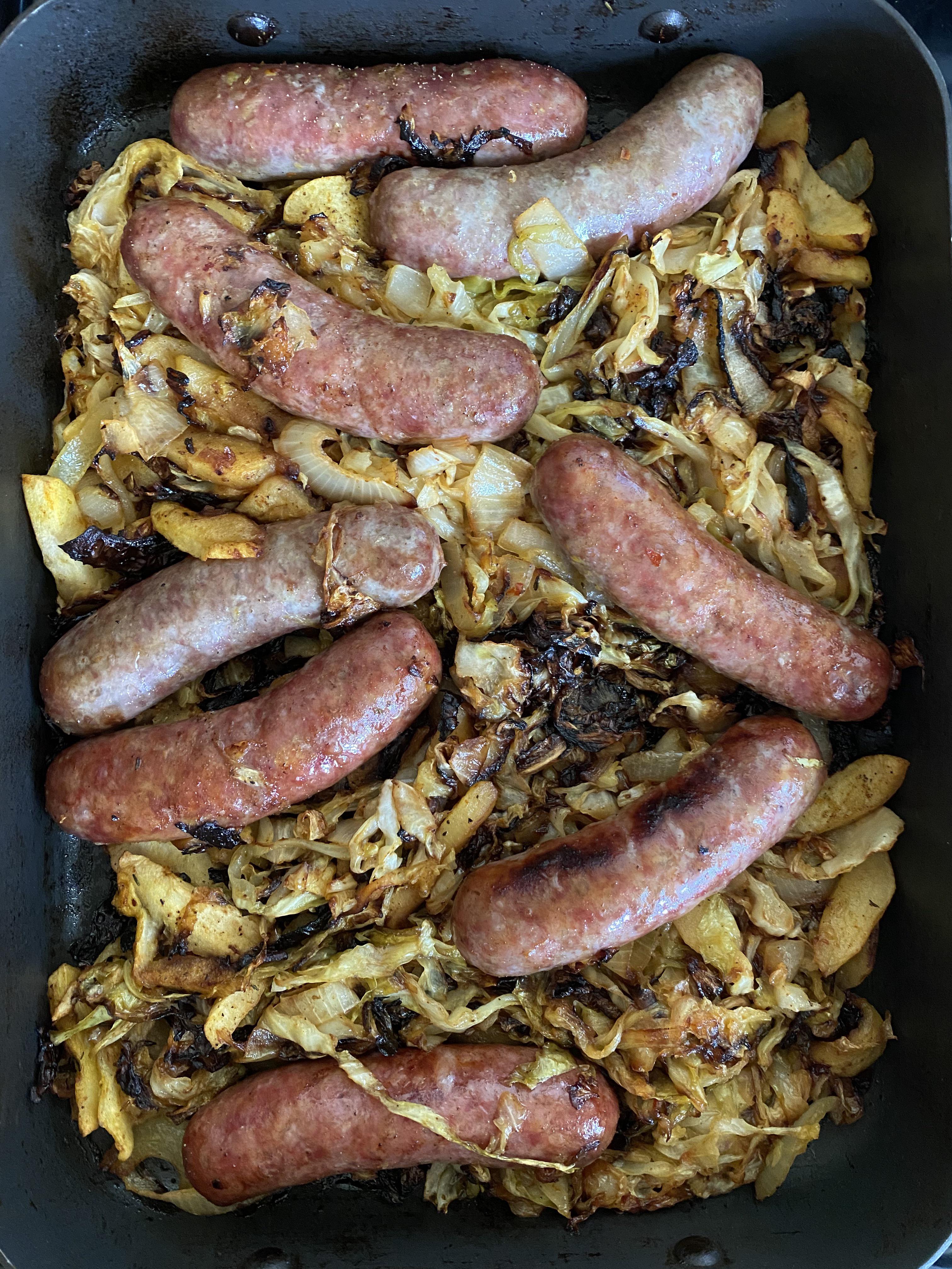 Roasted sausages, cabbage, apple and onion. r/tonightsdinner