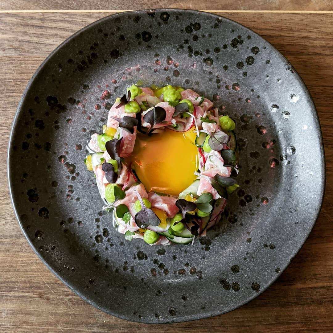 Yellowfin tuna ceviche, pineapple aji amarillo leche, charred pineapple