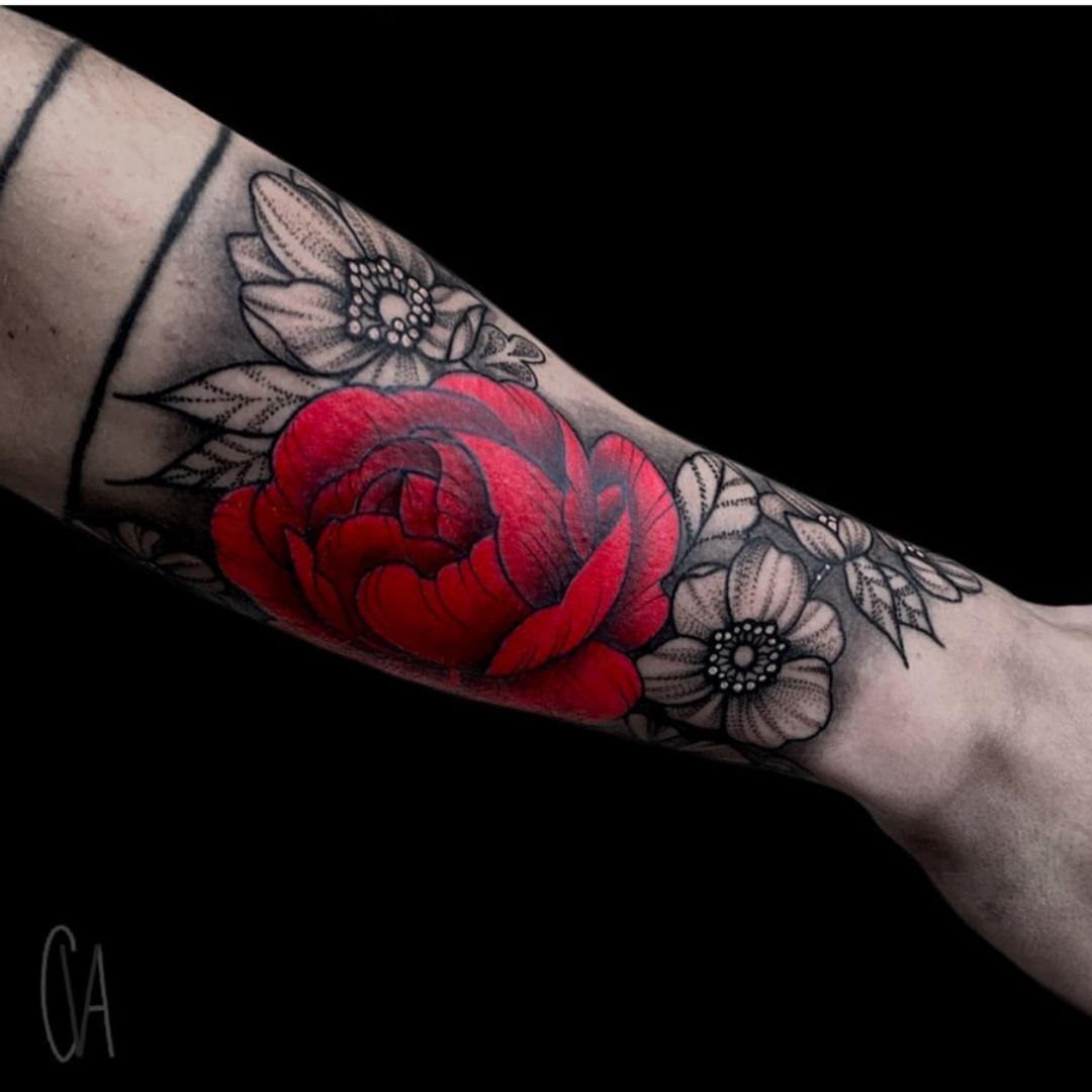 Rose and flowers done by Chelsea Vachon at Ink well tattoos & piercing