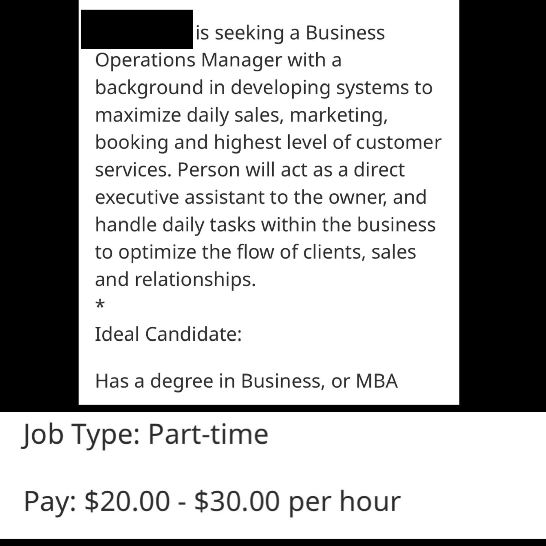 Must have a BA or MBA for a part times sales/personal assistant job at