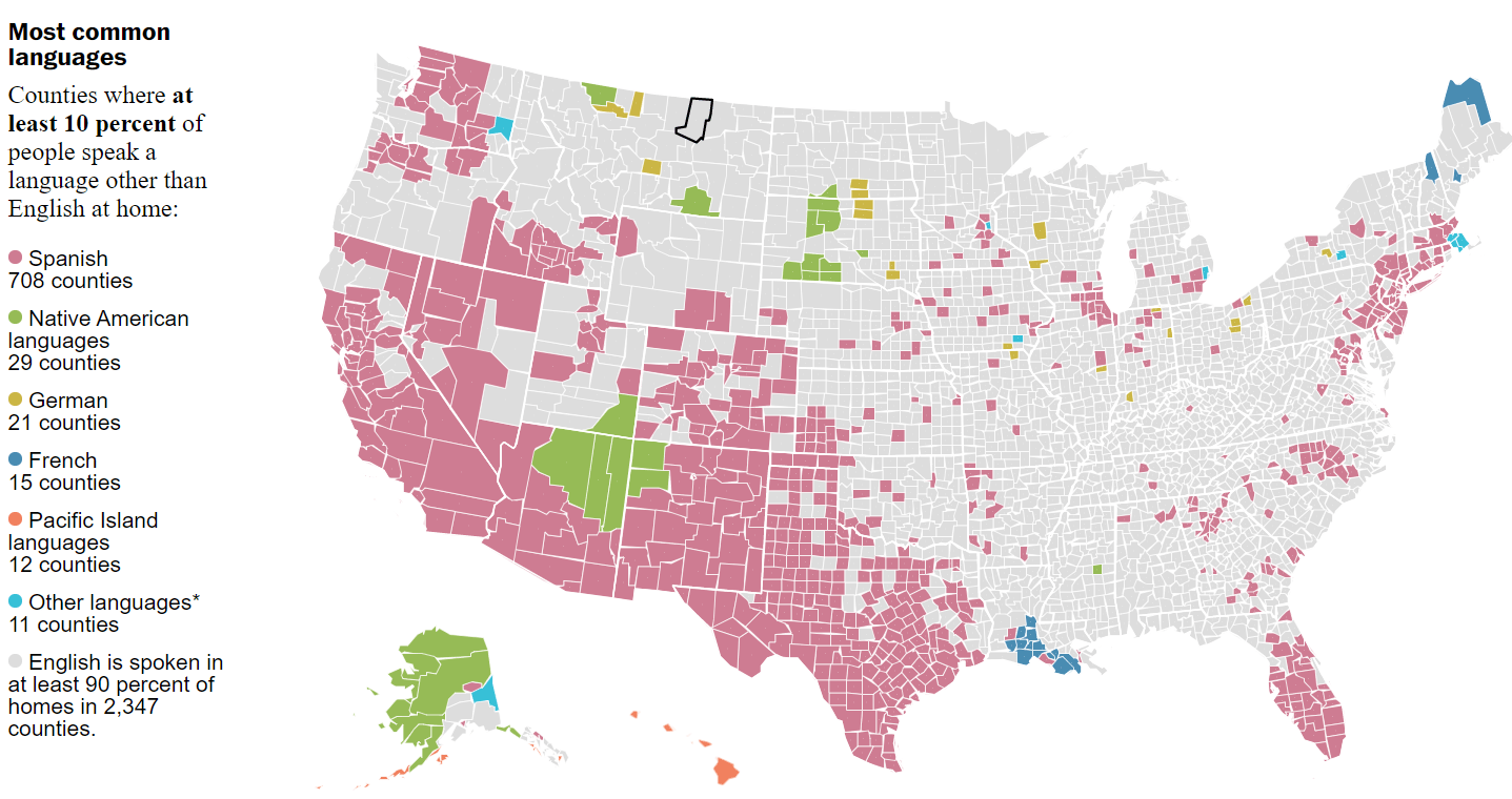 Counties where at least 10 of people speak a language other than