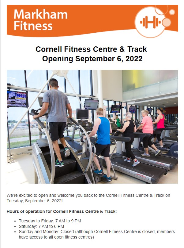 Cornell C.C. Fitness Centre reopens Sept 6 r/Markham
