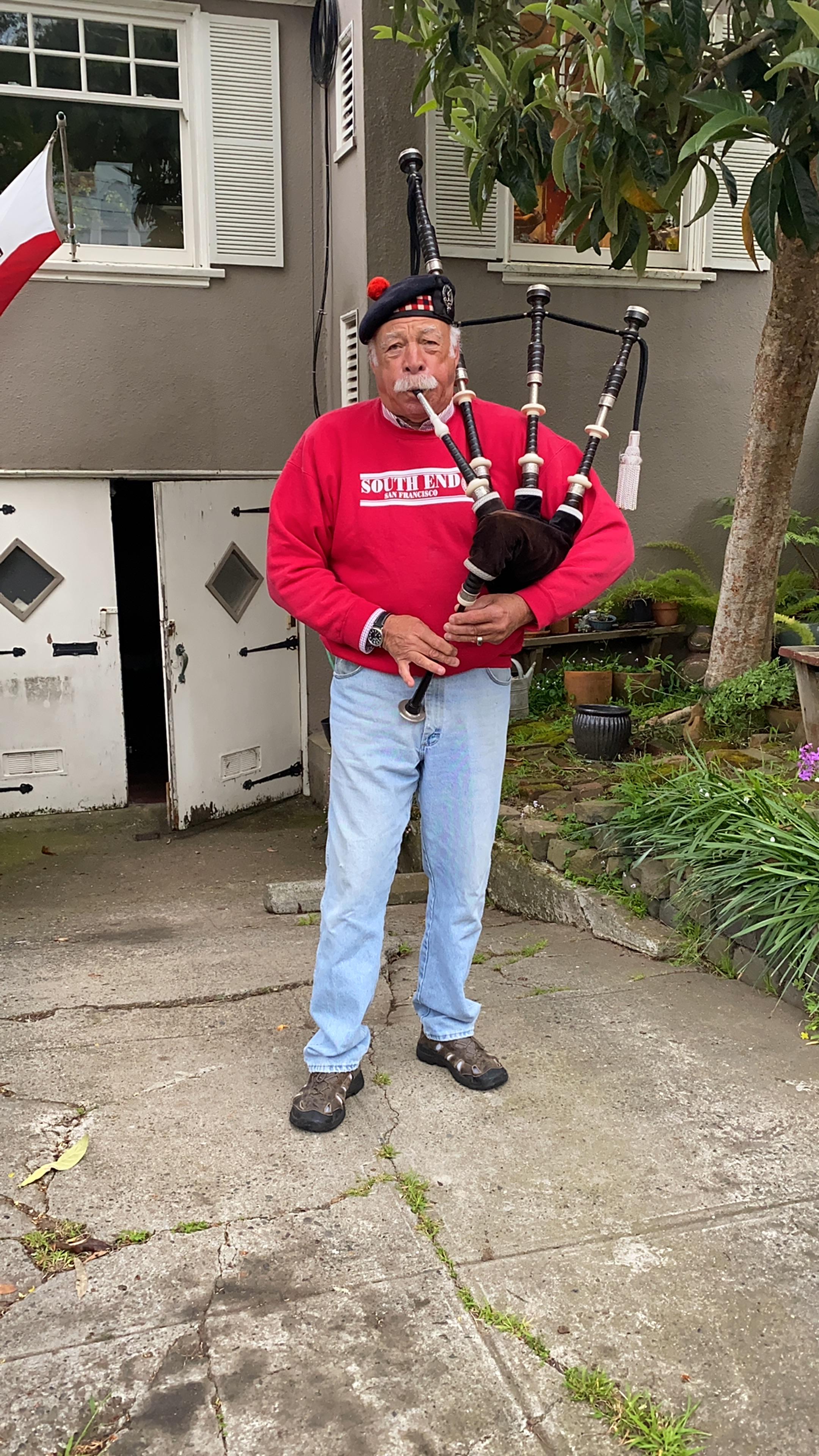 This gentleman in San Francisco plays the bagpipes to help everyone