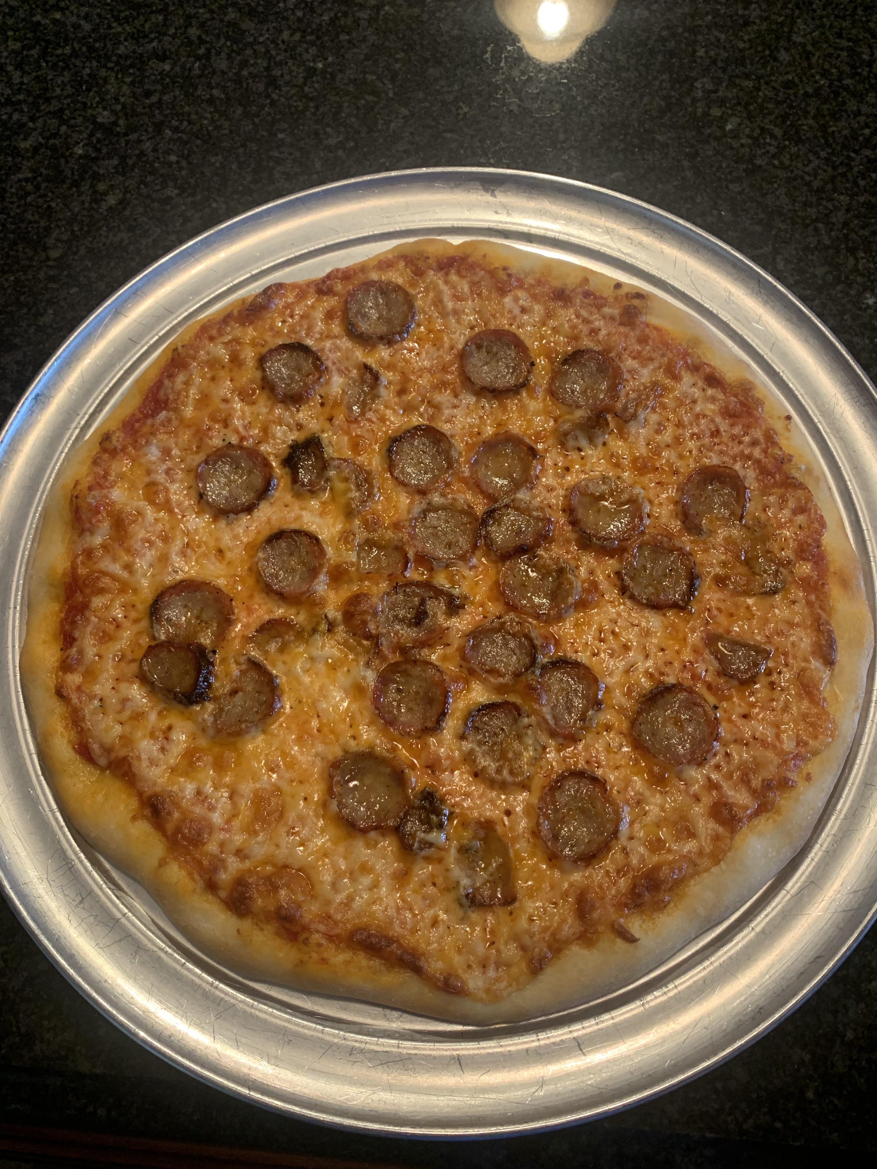 Lunch! Pasta grannies dough with grilled sausage r/Pizza