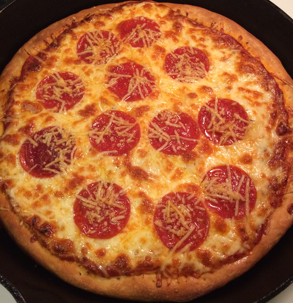 [Homemade] Pepperoni & Cheese Pizza made in a 12 inch cast iron Skillet