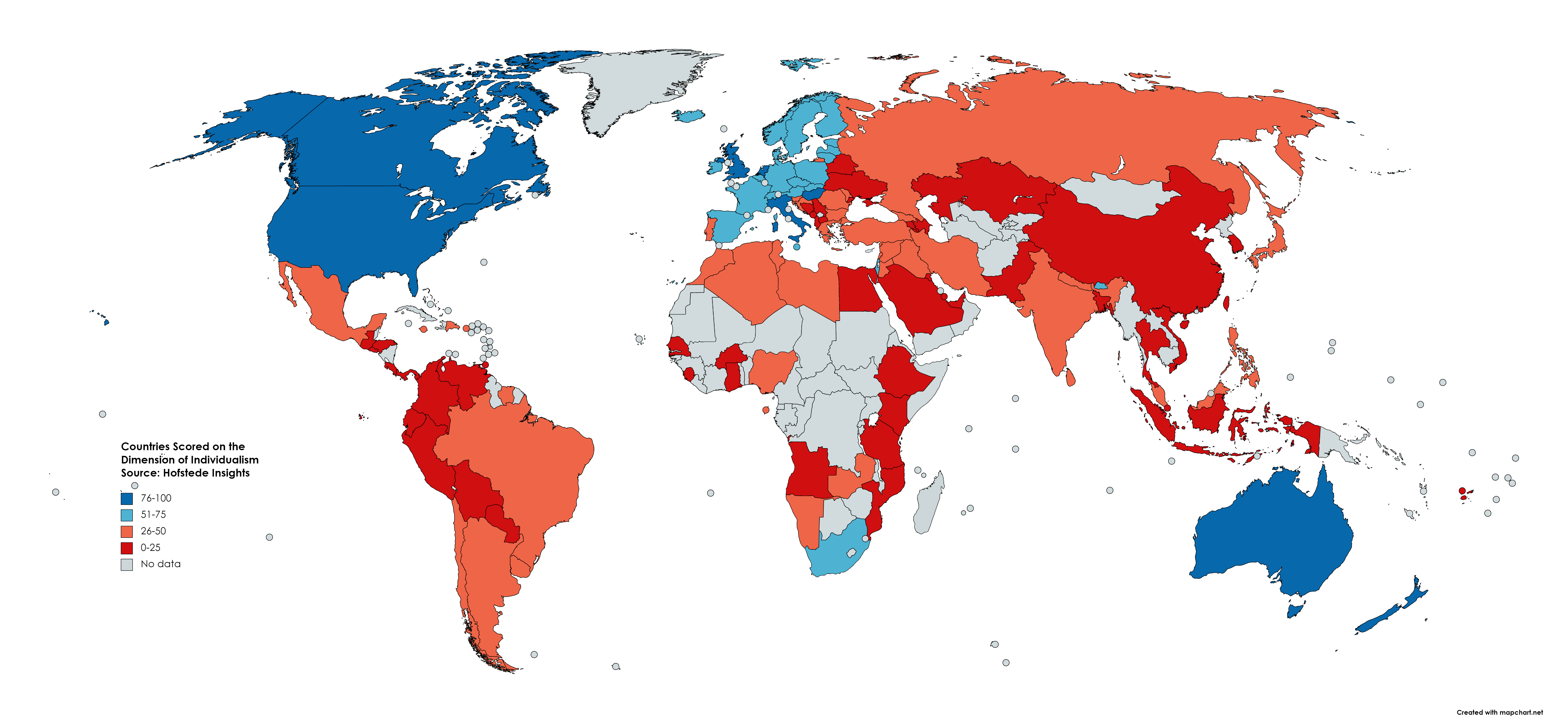 Countries coloured by their "Individualism" dimension score as listed