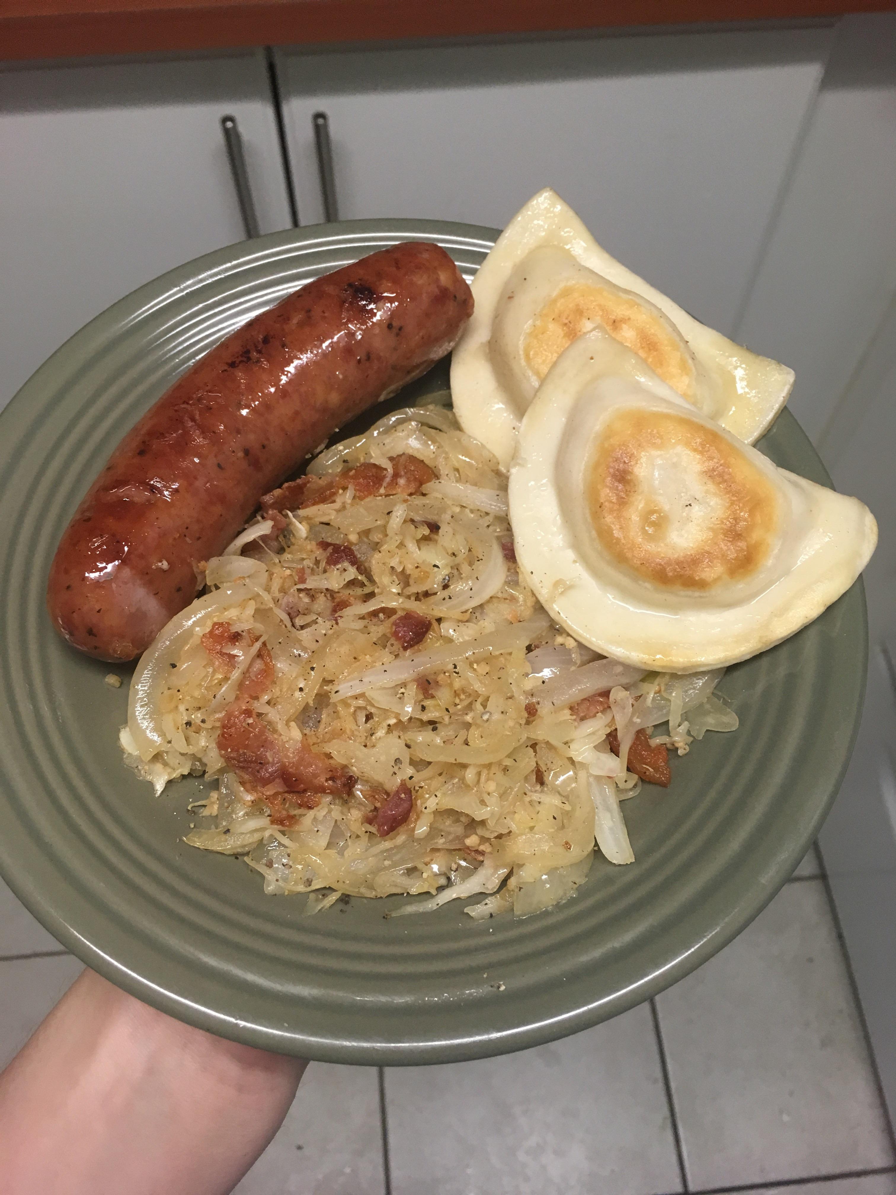 Whipped up in 20 minutes kielbasa with pierogies and sauteed veg with