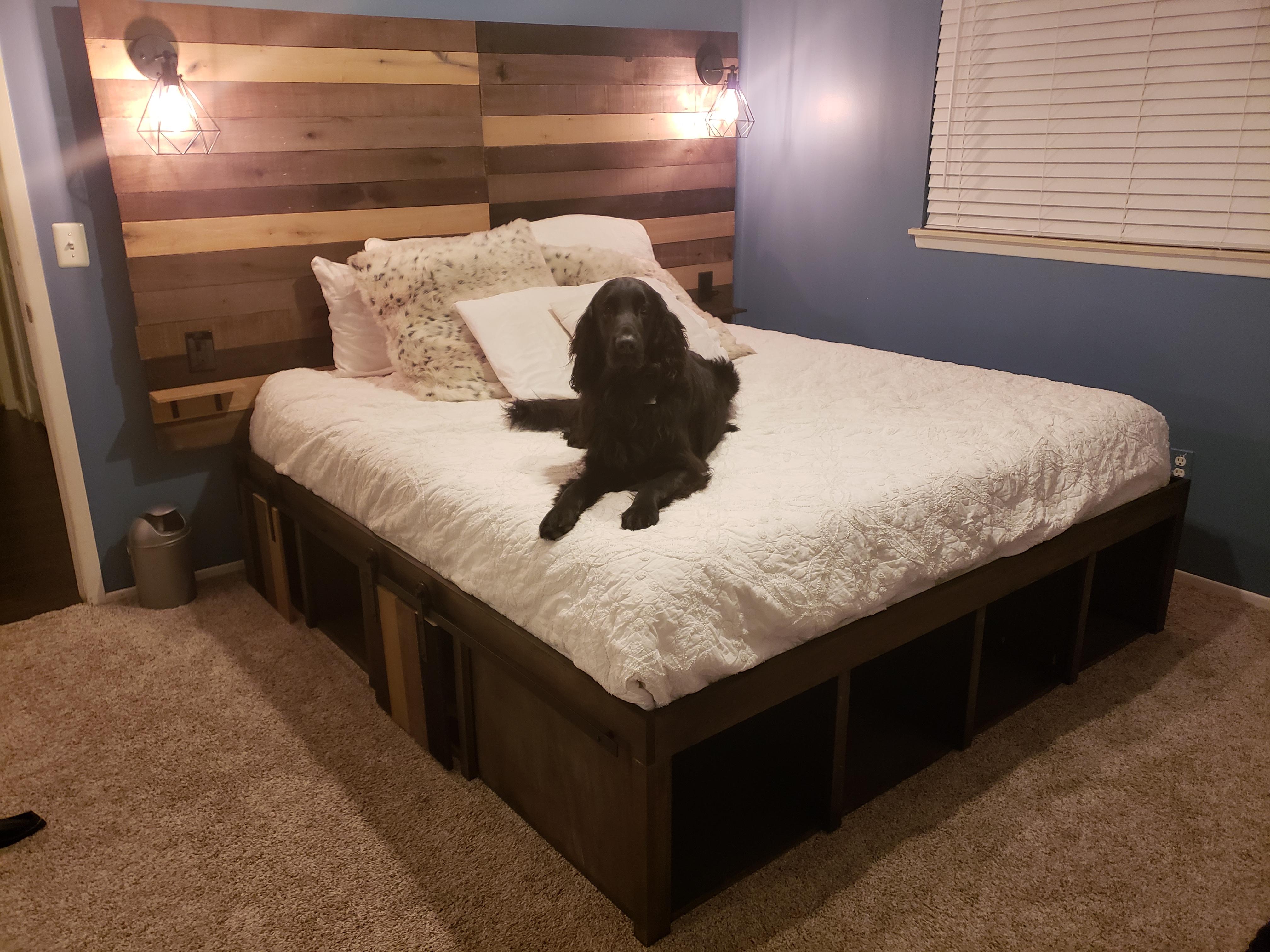 Headboard and storage bedframe i made. Dog approved r/somethingimade