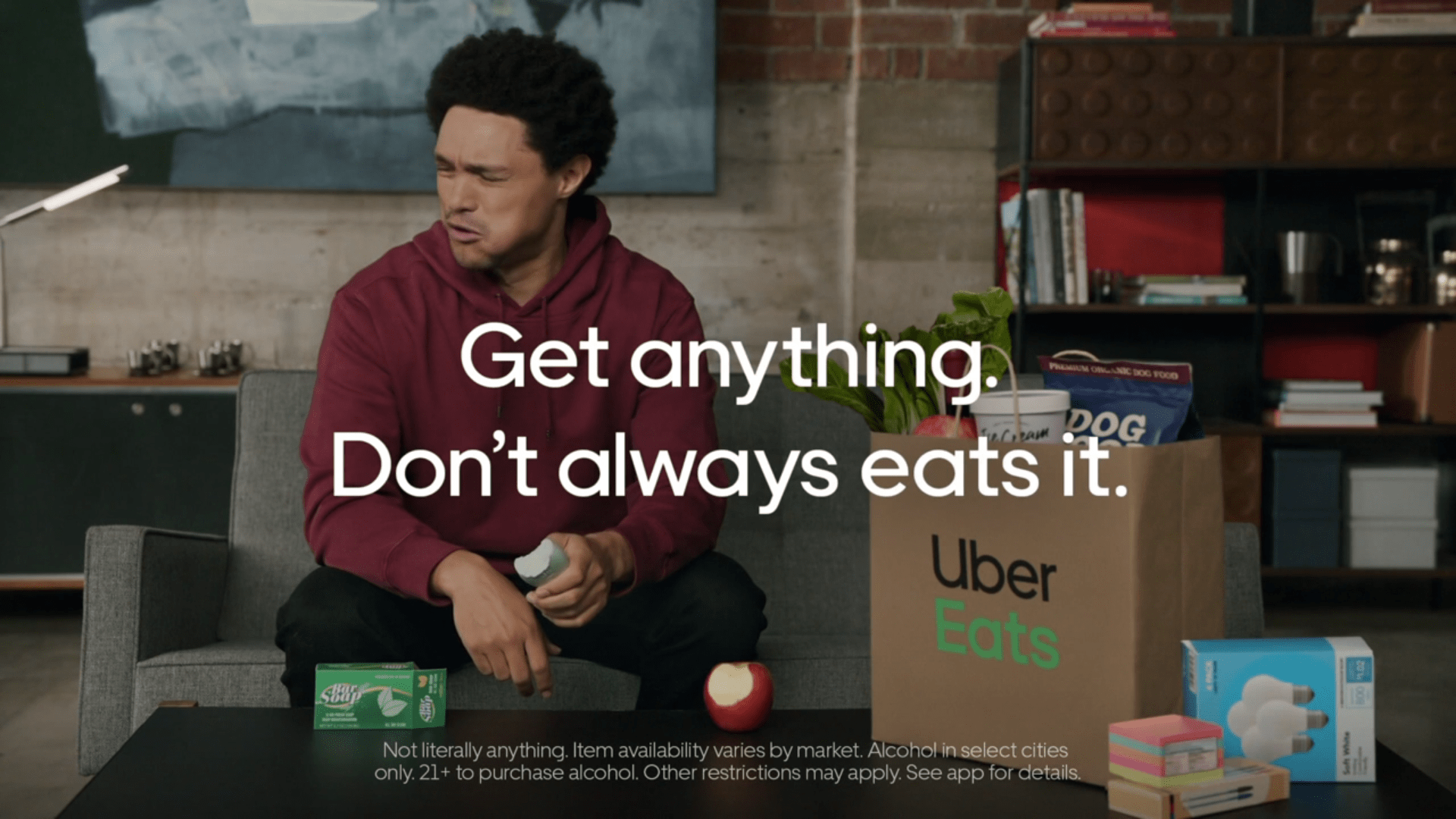 Why is Trevor Noah eating a bar of soap in an Uber Eats commercial? r