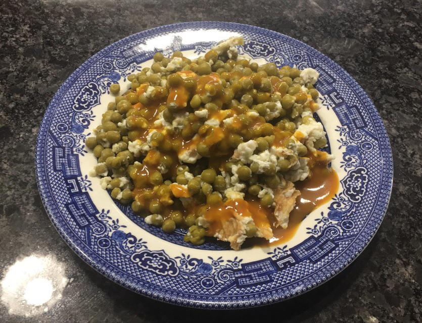 egg whites and canned peas topped with heinz carolina sauce