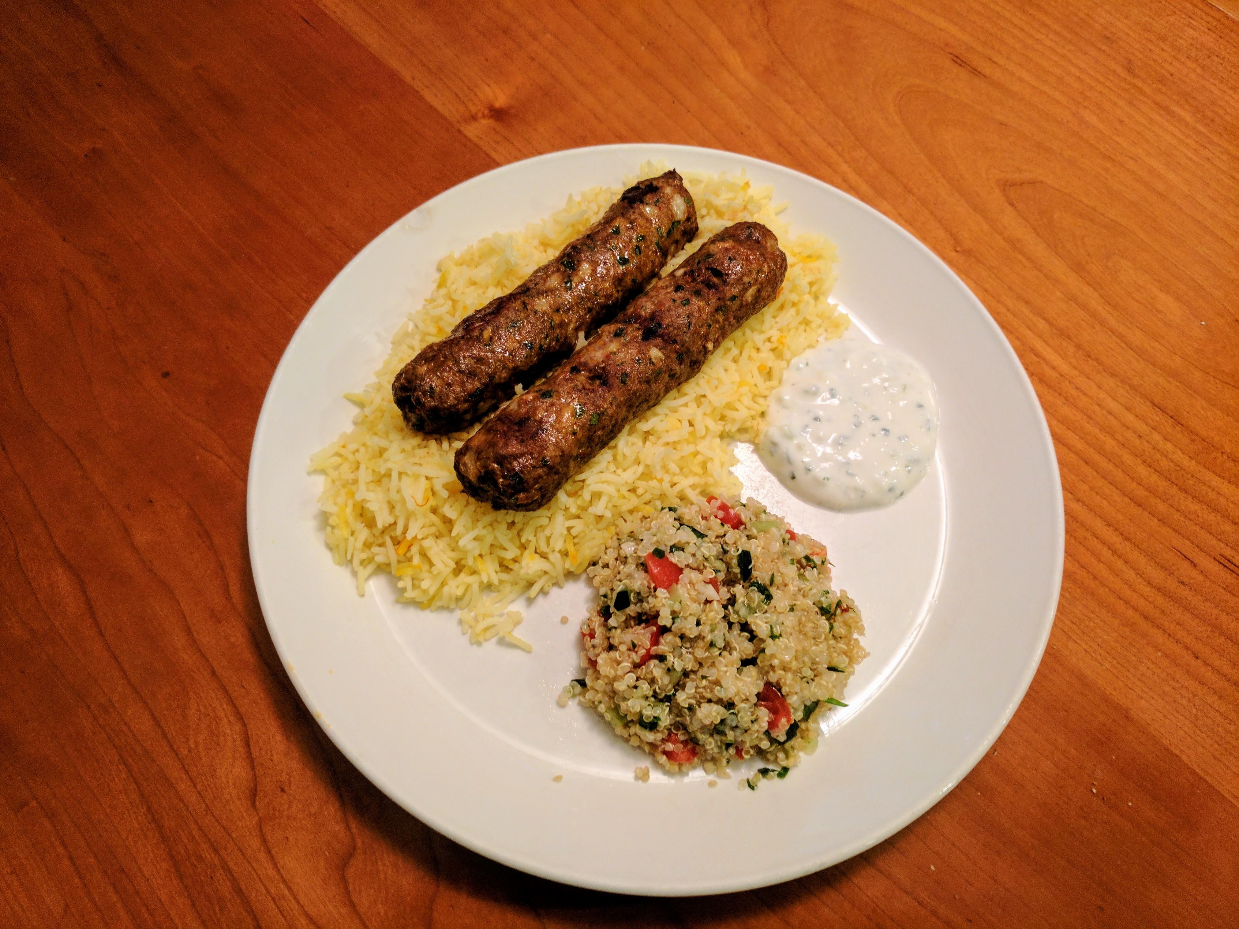[Homemade] Lamb Kebabs With Tabbouleh and Yellow Rice food