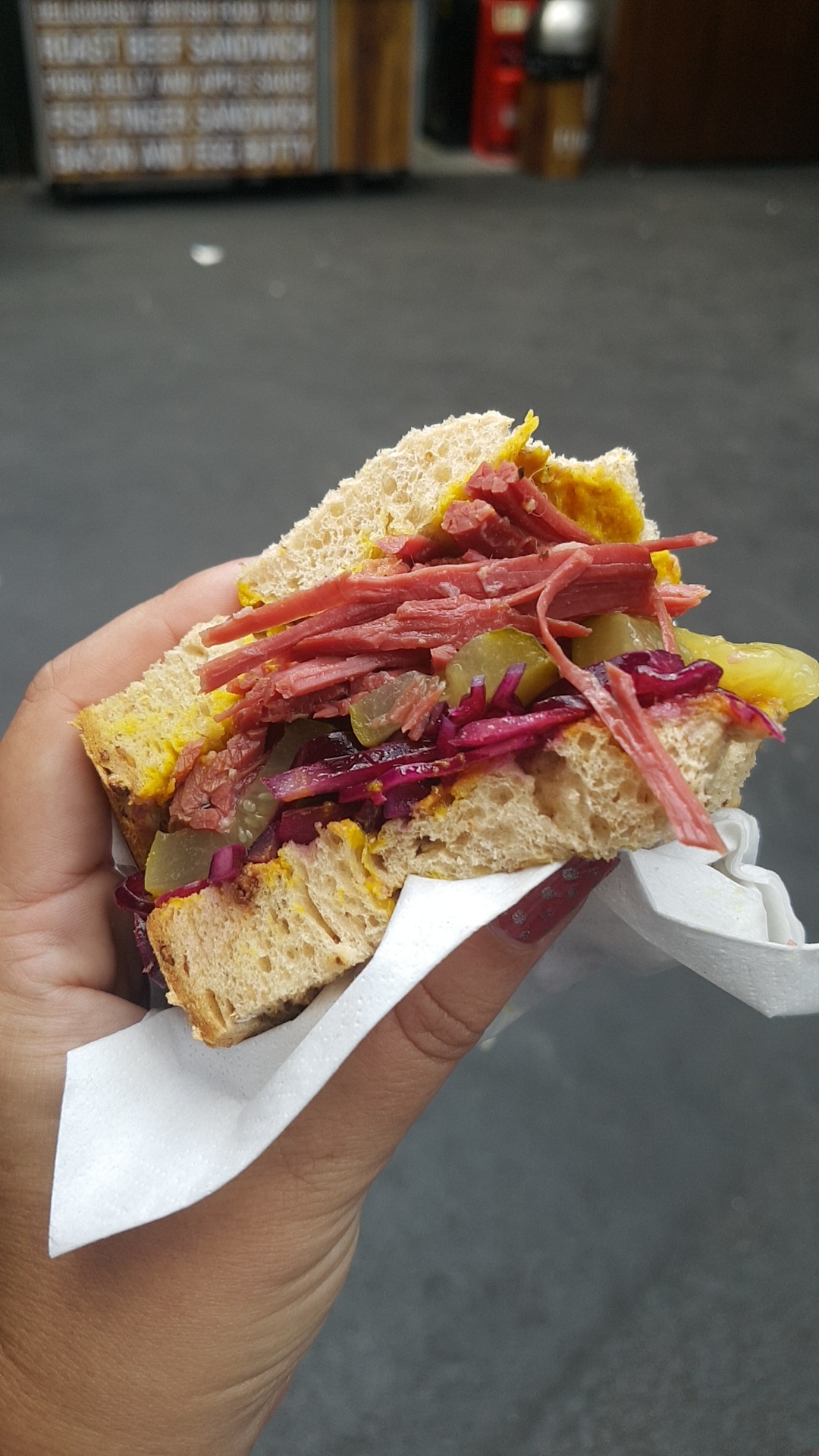 [I ate] salt beef sandwich with pickles, red cabbage and mustard. r/food