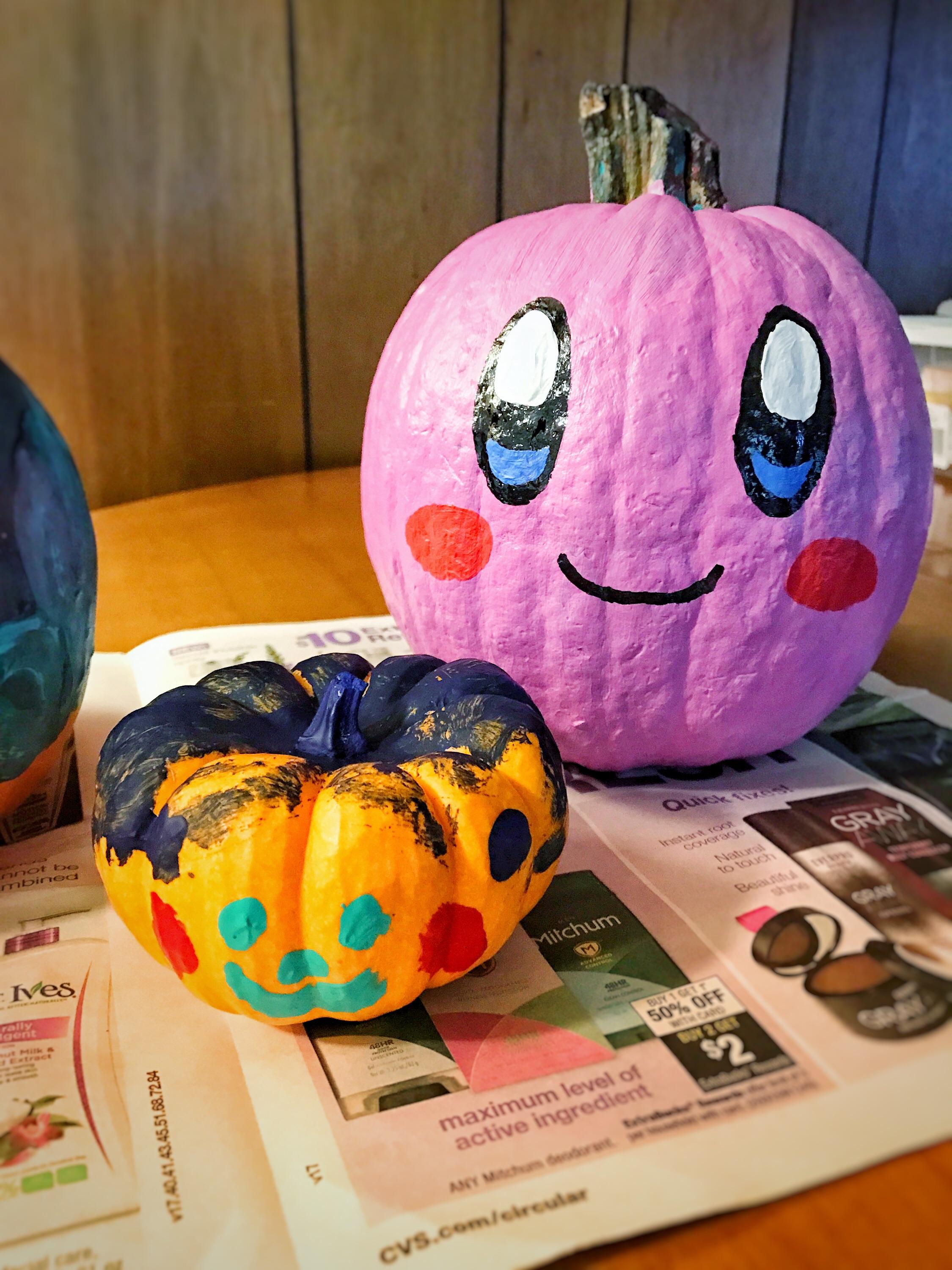 Painted pumpkins as a family for the fall. Our daughter and I gave our