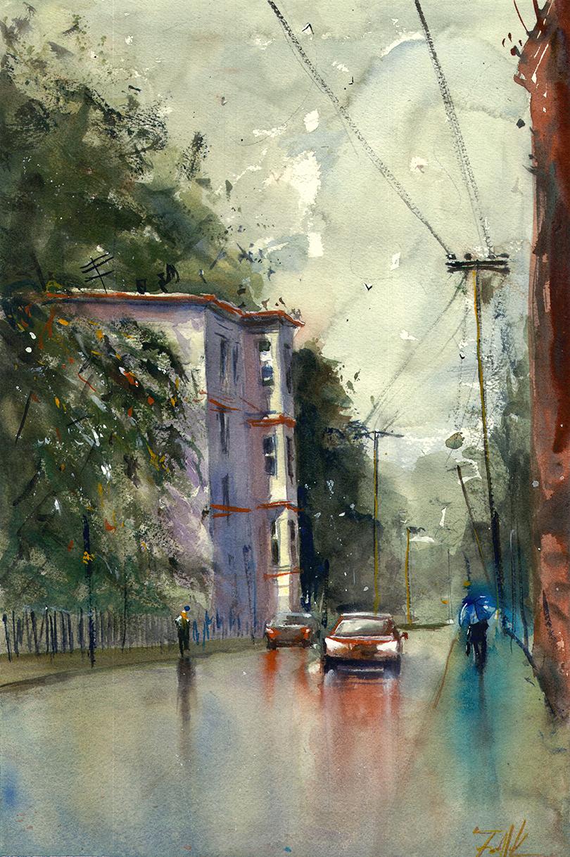 Hi! Here's a watercolor painting I did of my old street just after it