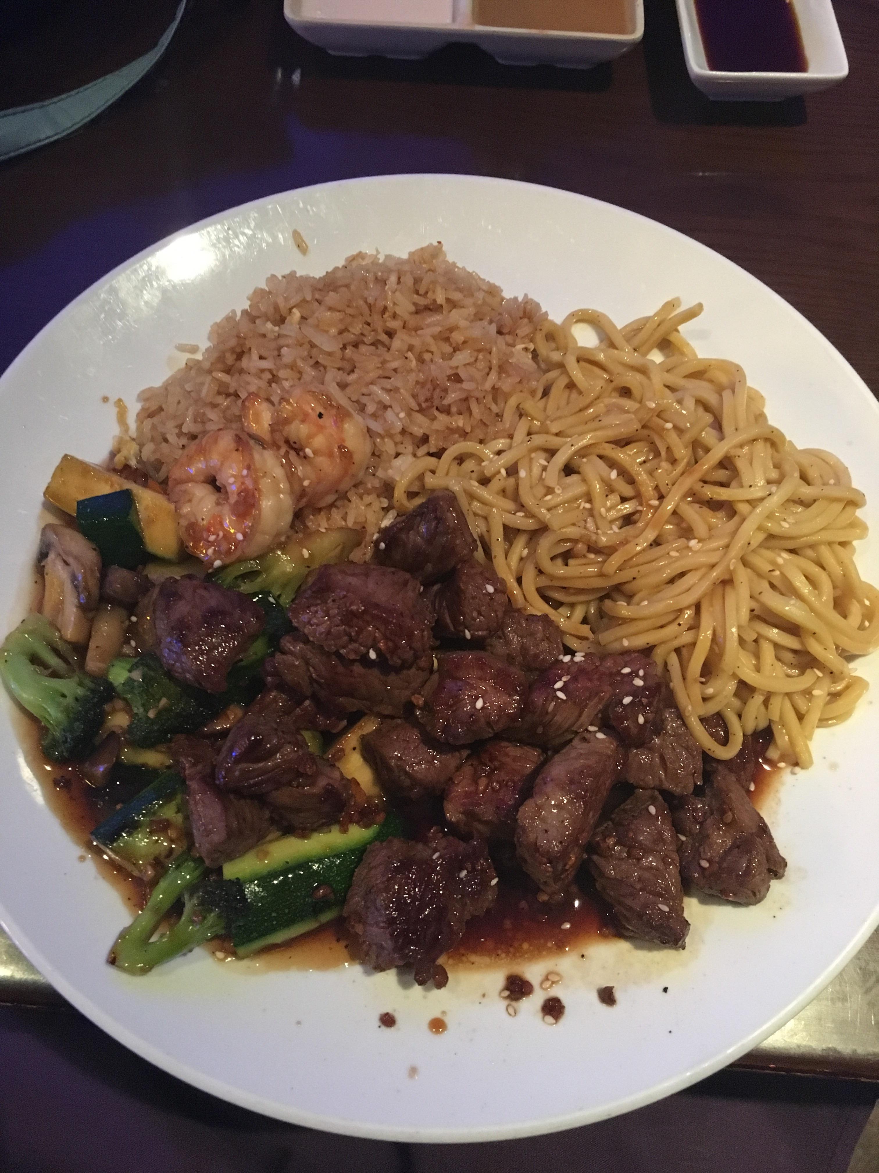[I ate] Steak hibachi with fried rice, lo mein noodles, and broccoli