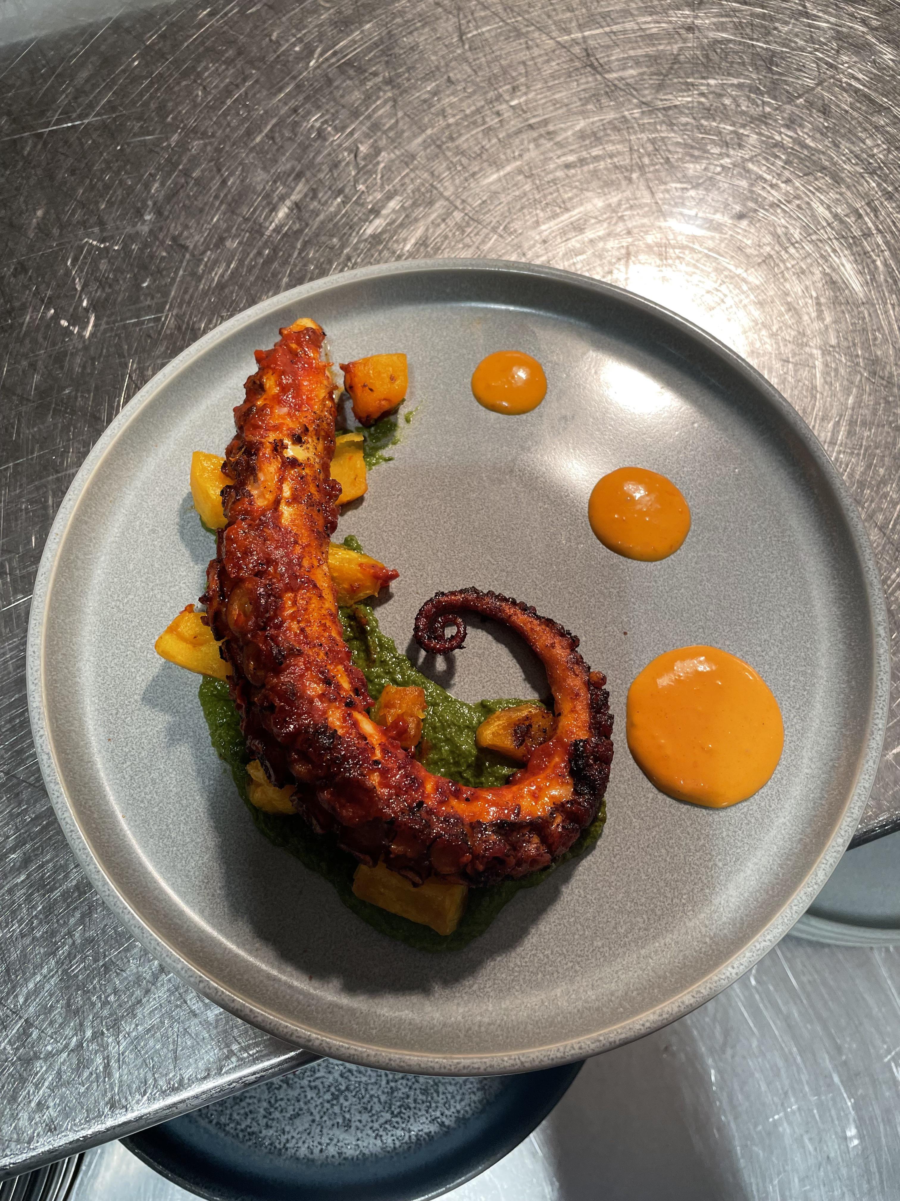 Spanish octopus, harissa, butternut squash, Charmika, lime ton aioli