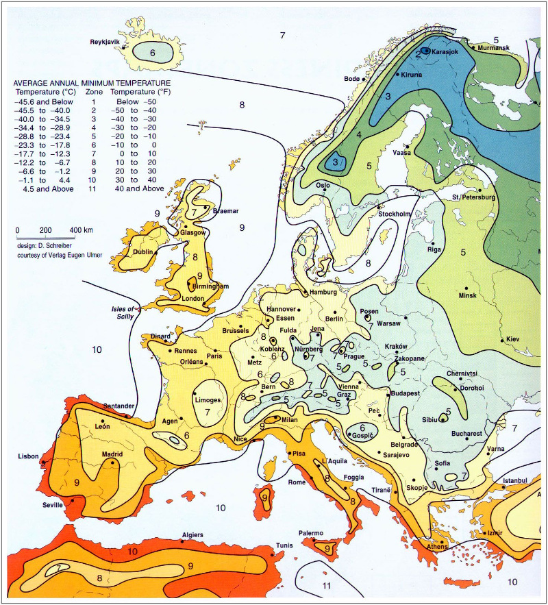 Hardiness Zones of Europe (avg. annual minimum temperature) r/europe