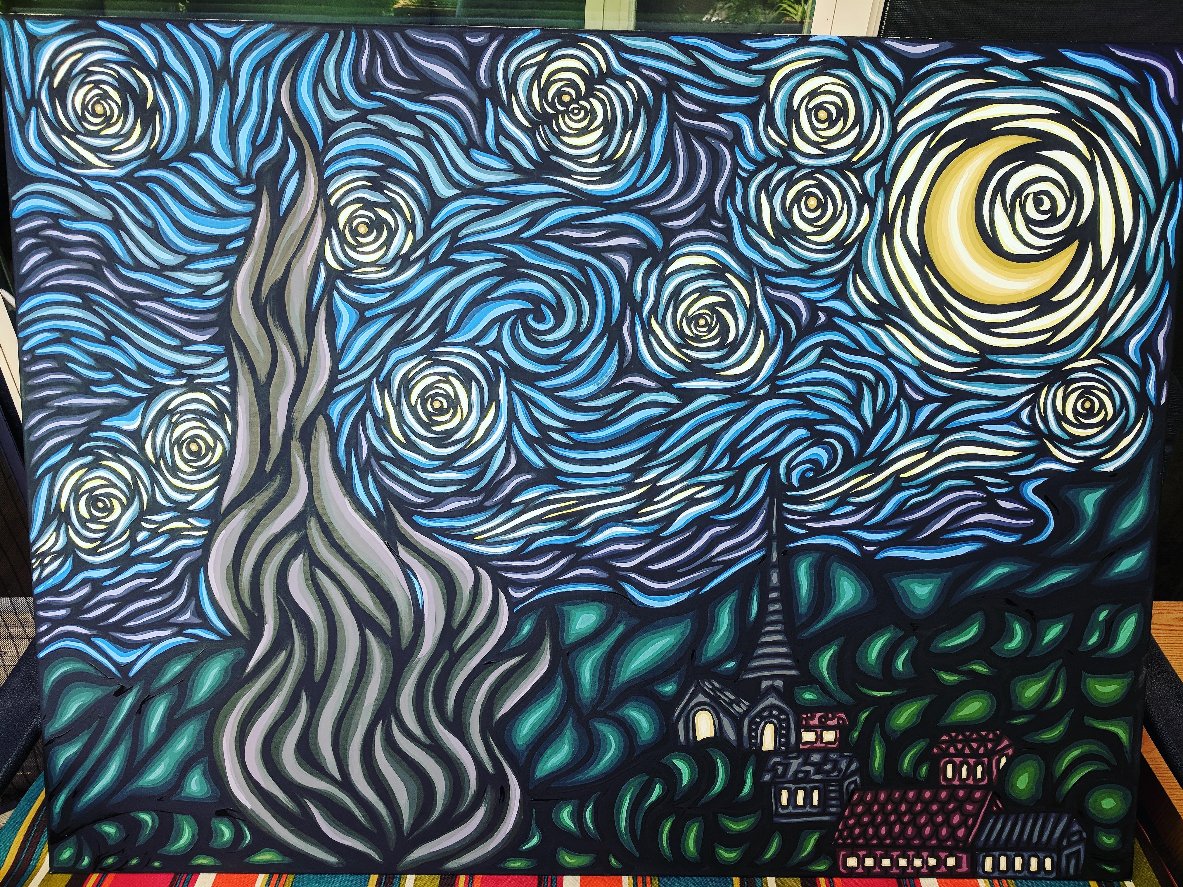 A friend asked me to paint "Starry Night" by Van Gogh, in my style. I