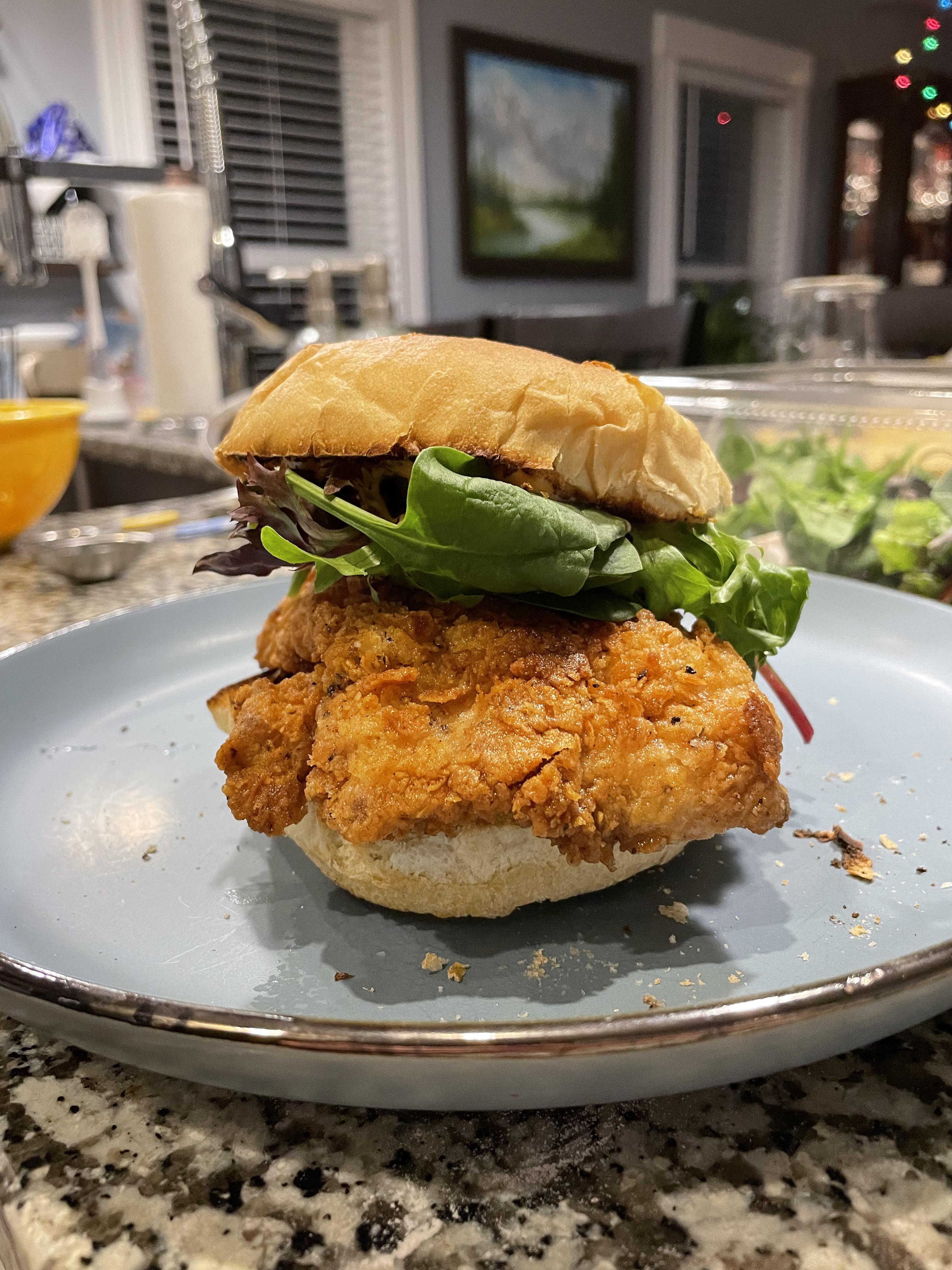 Attempt 1 at homemade fried chicken sandwich r/eatsandwiches