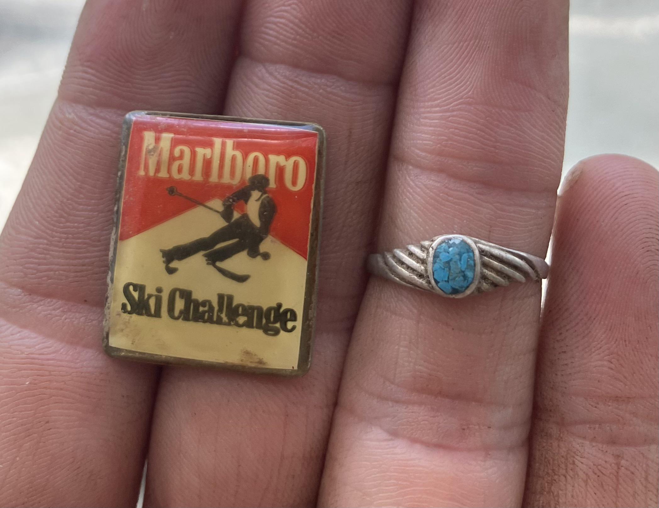 Little silver ring and a neat pin from the 80’s or 90’s r/metaldetecting