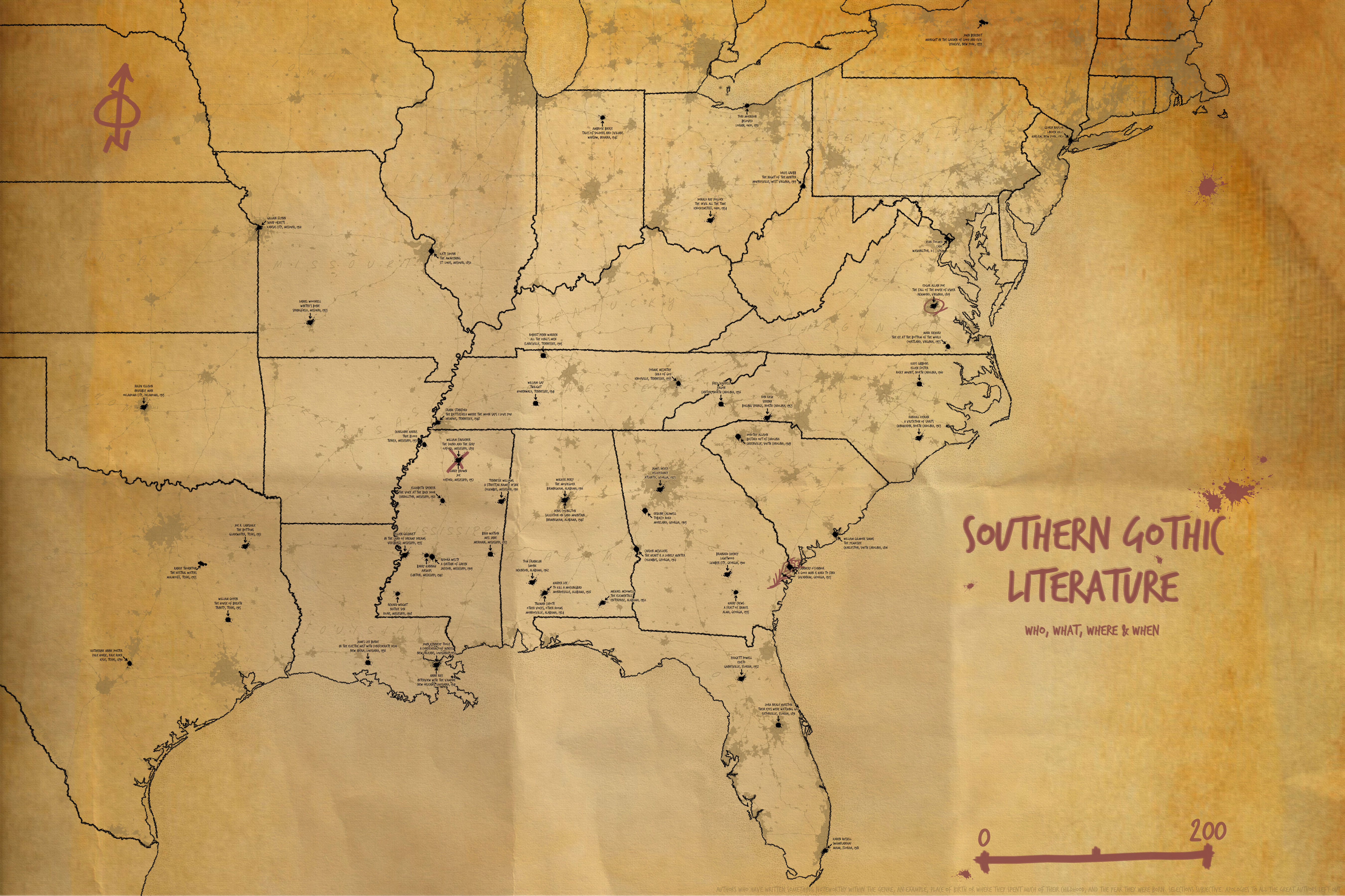 Southern Gothic Literature Map [OC] 5400 x 3600 r/MapPorn