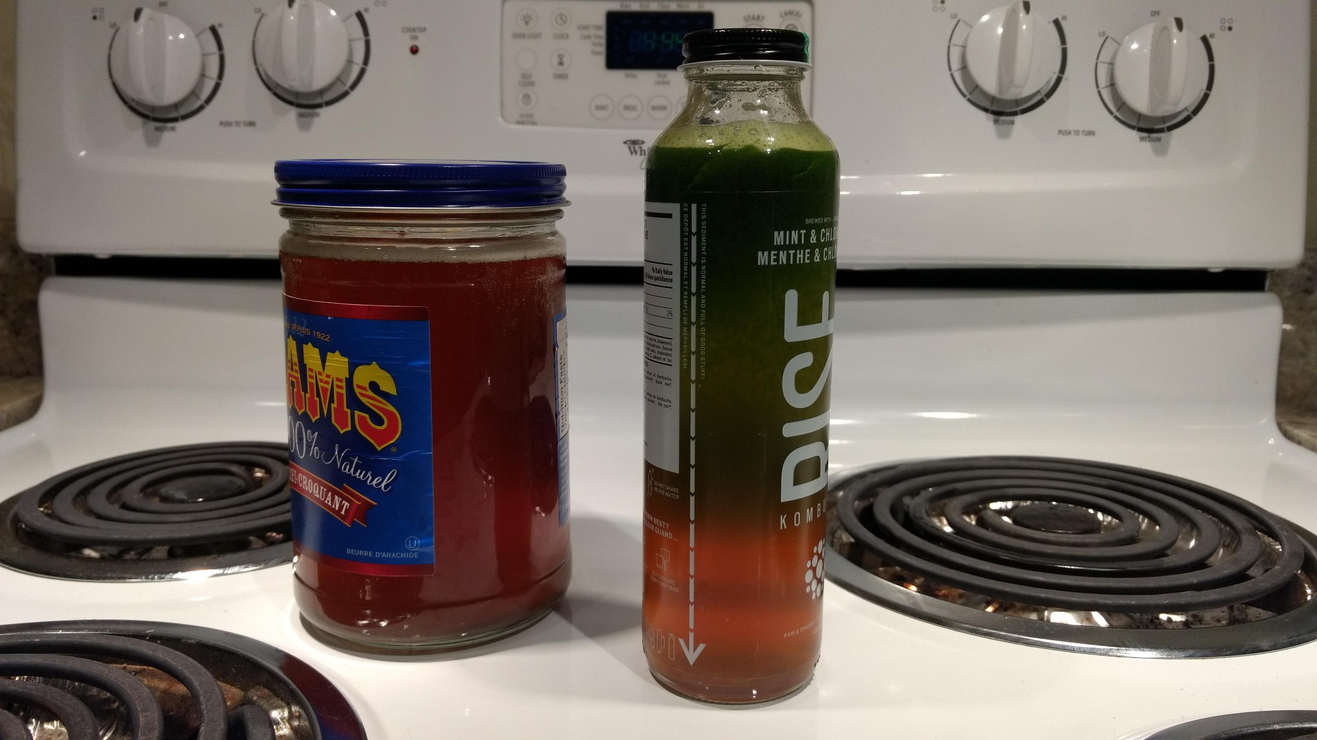 Wheatgrass (chlorophyll) and mint kombucha next to plain r/Kombucha