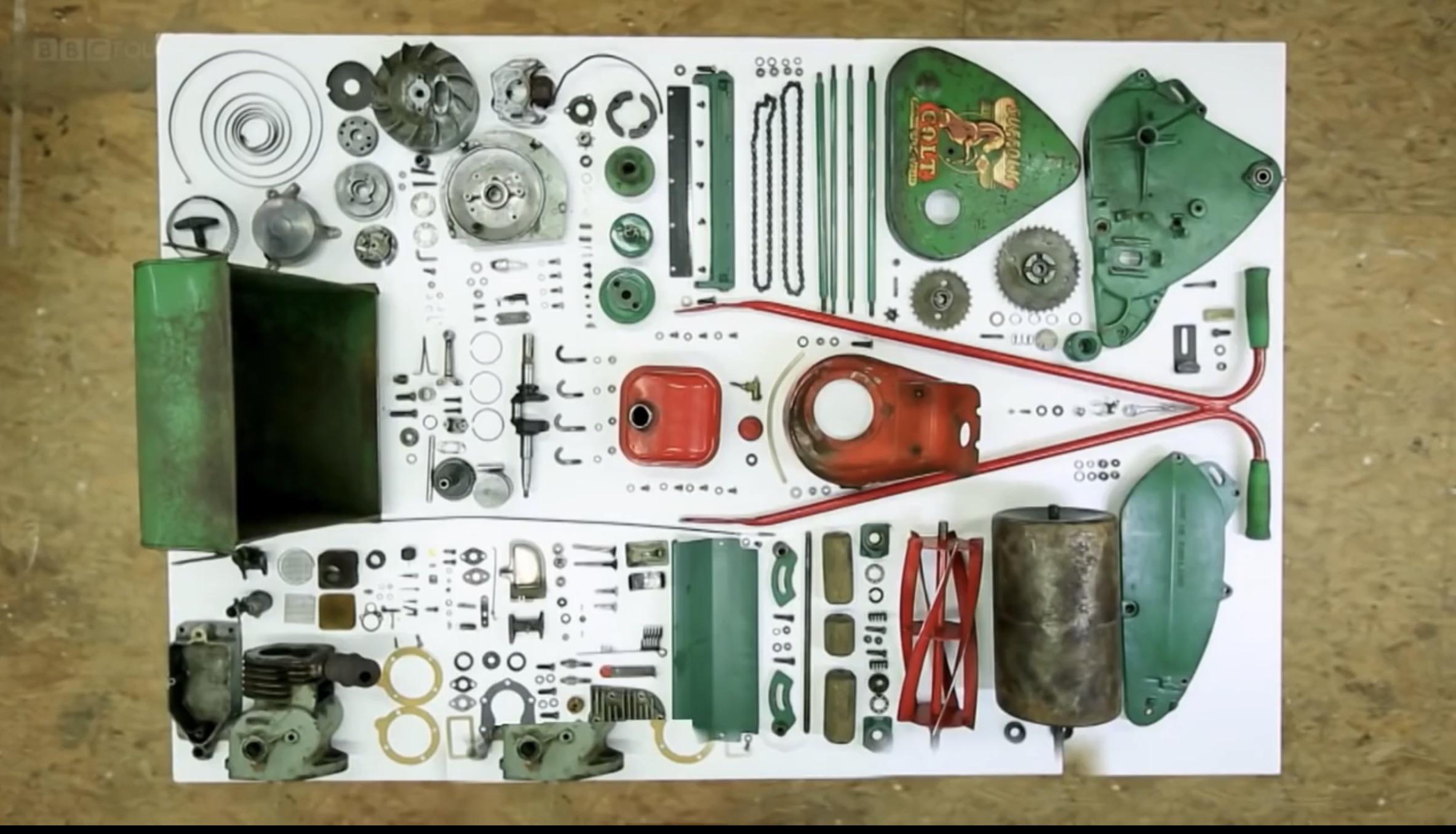 All 331 pieces from a 1959 Suffolk Colt lawn mower : r/knolling
