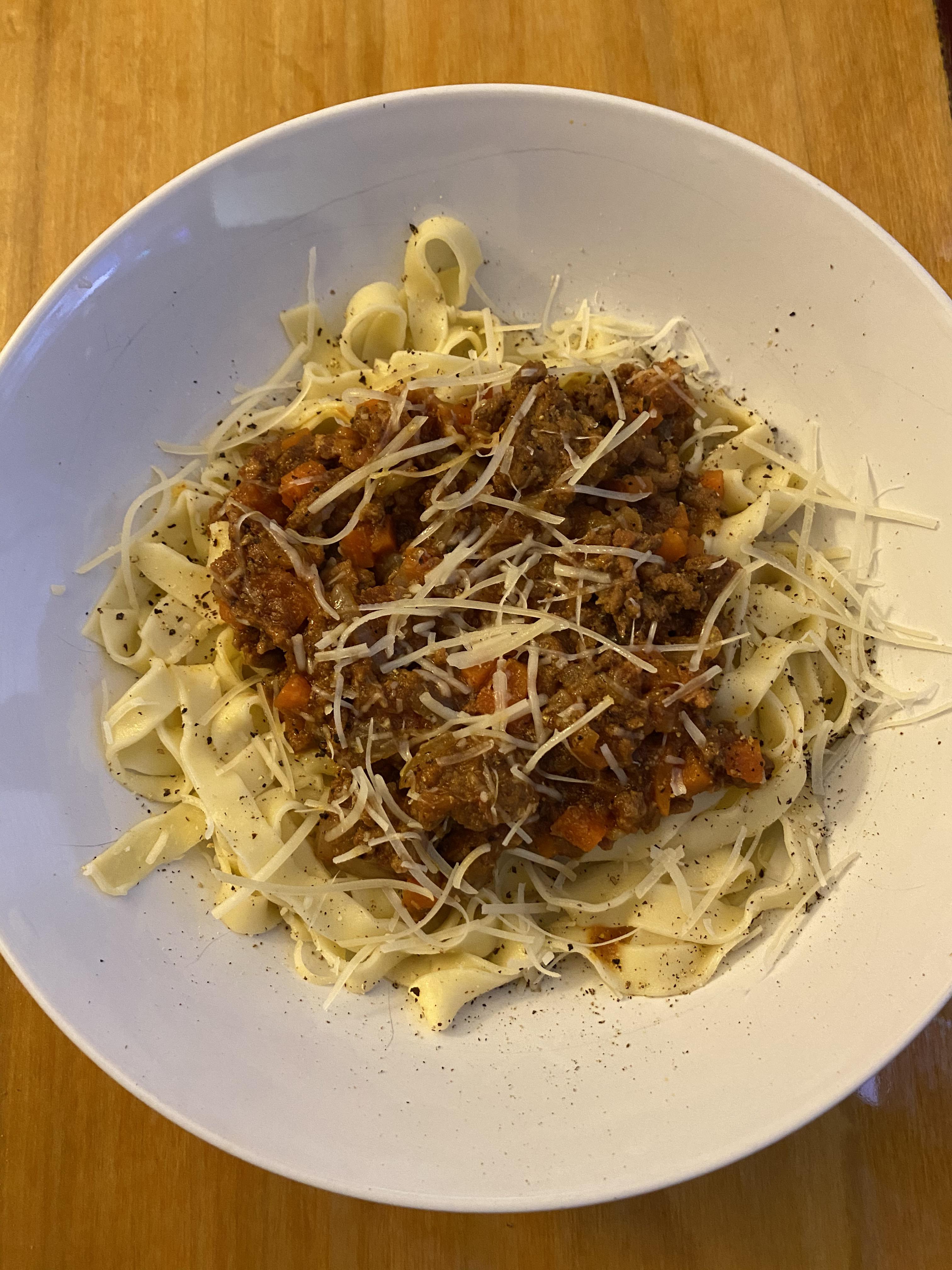 Homemade Fettuccine with a pantry version of Bolognese Ragu using