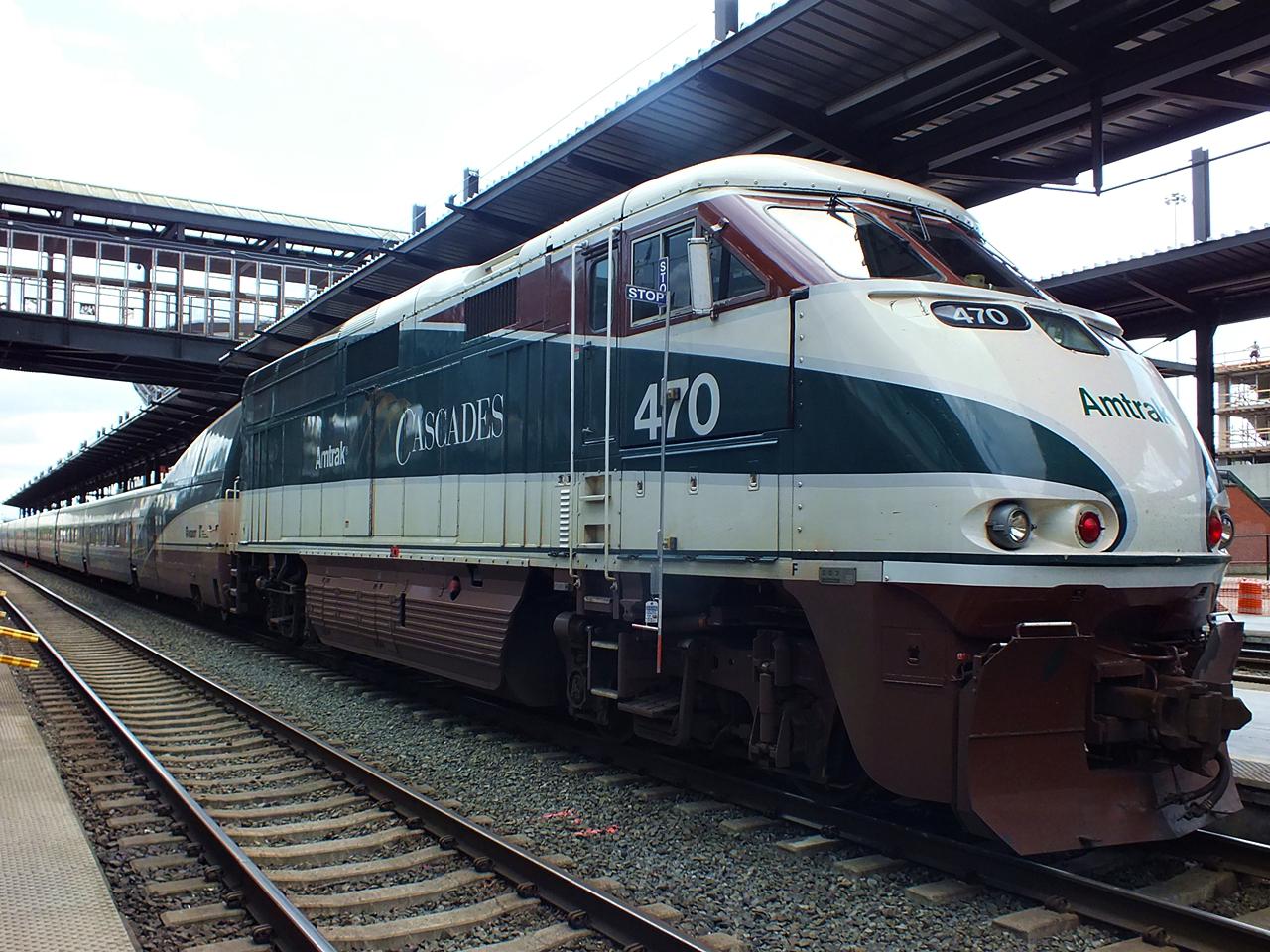 Amtrak Cascades 470, an EMD F59PHI, at the King St. Station, Seattle WA r/trains