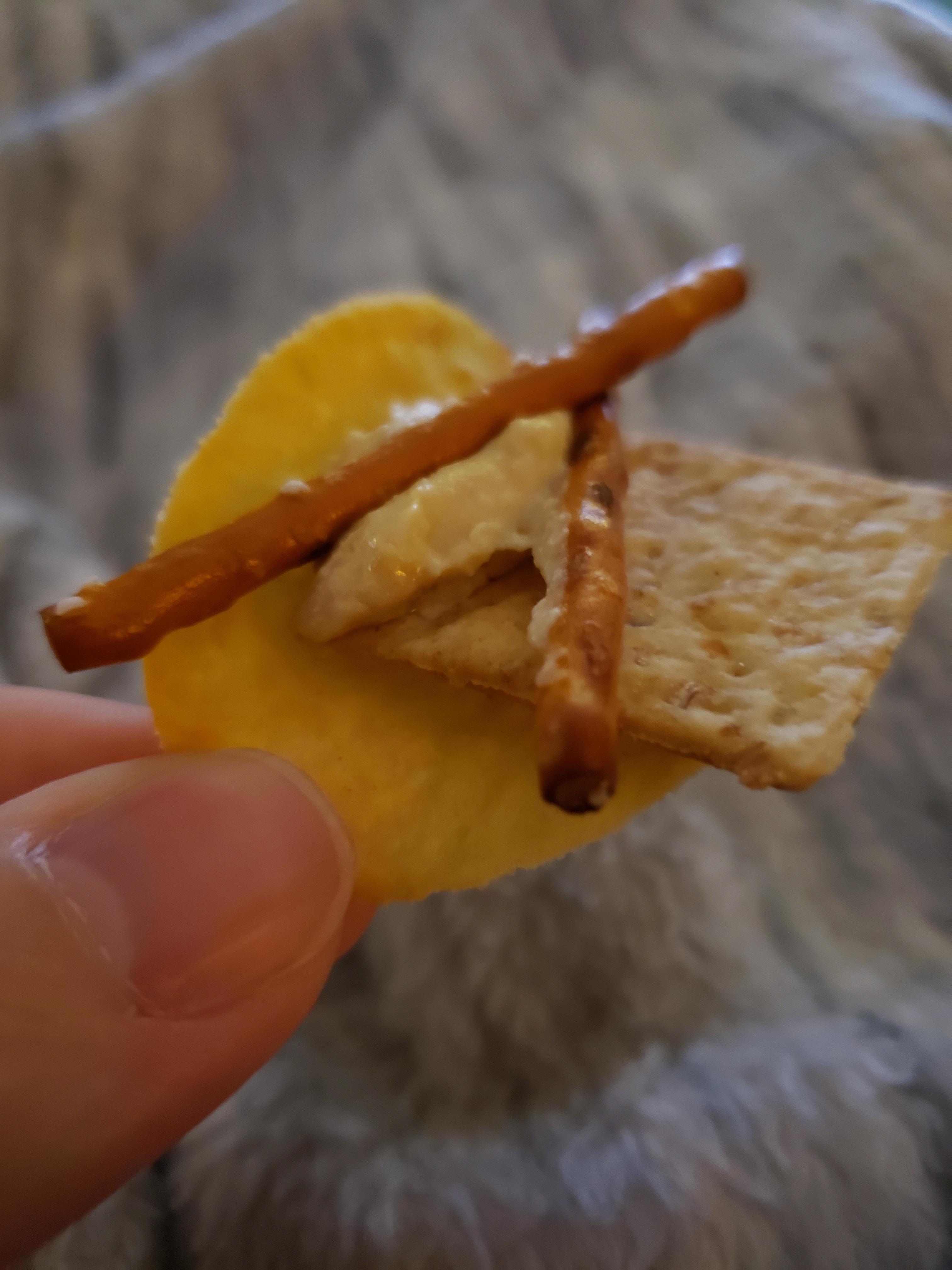Caramelized onion hummus with multigrain wheat thin and pretzel sticks