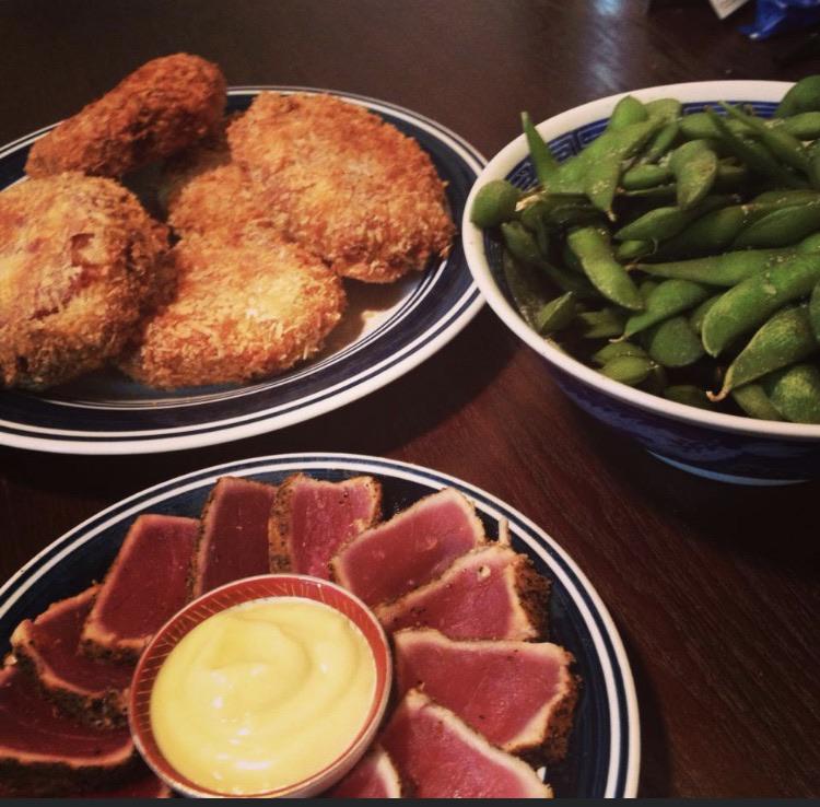 Panko corn beef hash patties, seared tuna w/wasabi aioli sauce, and