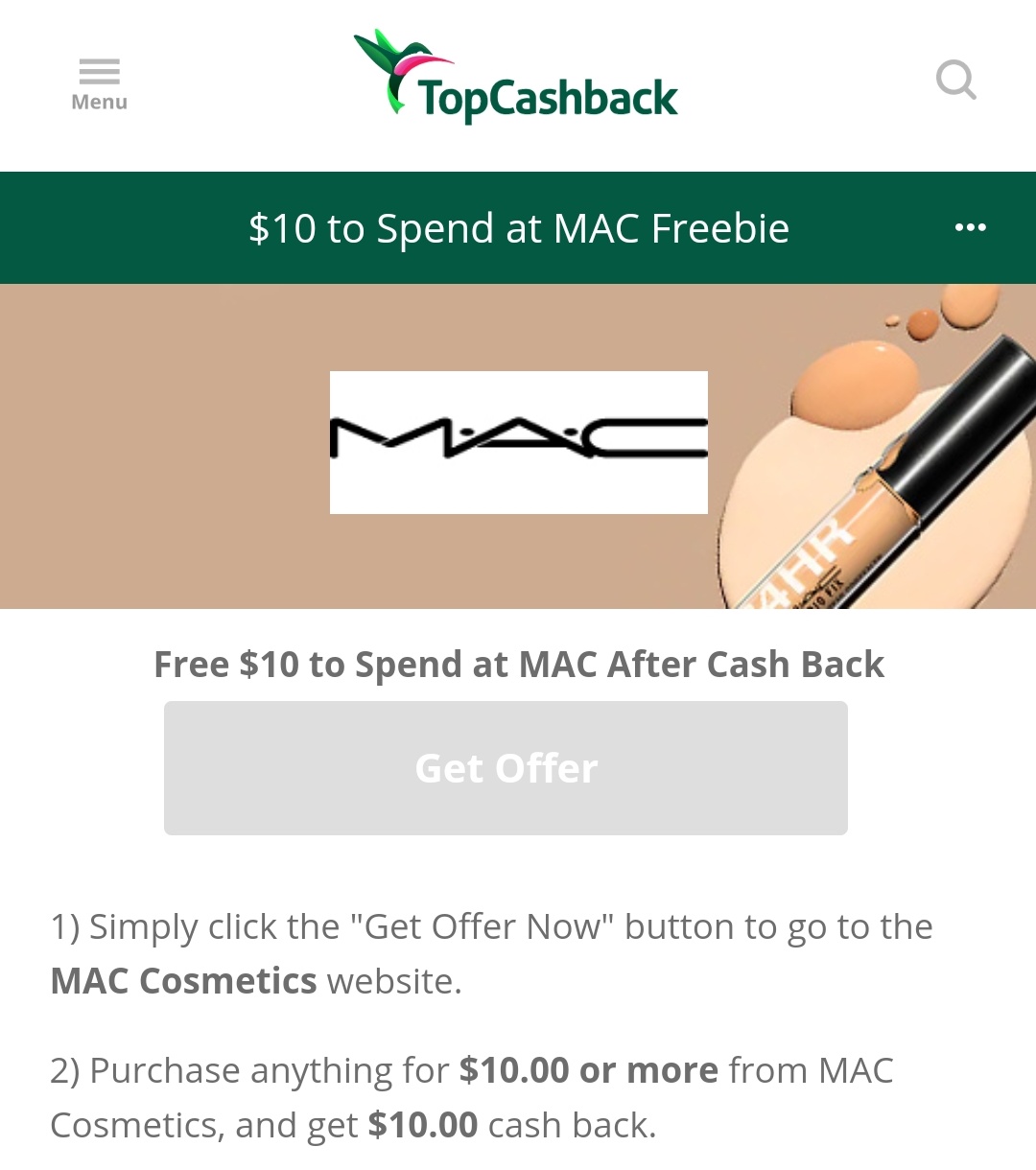 TopCashBack New Member Offer 10 cash back on 10+ purchase at MAC