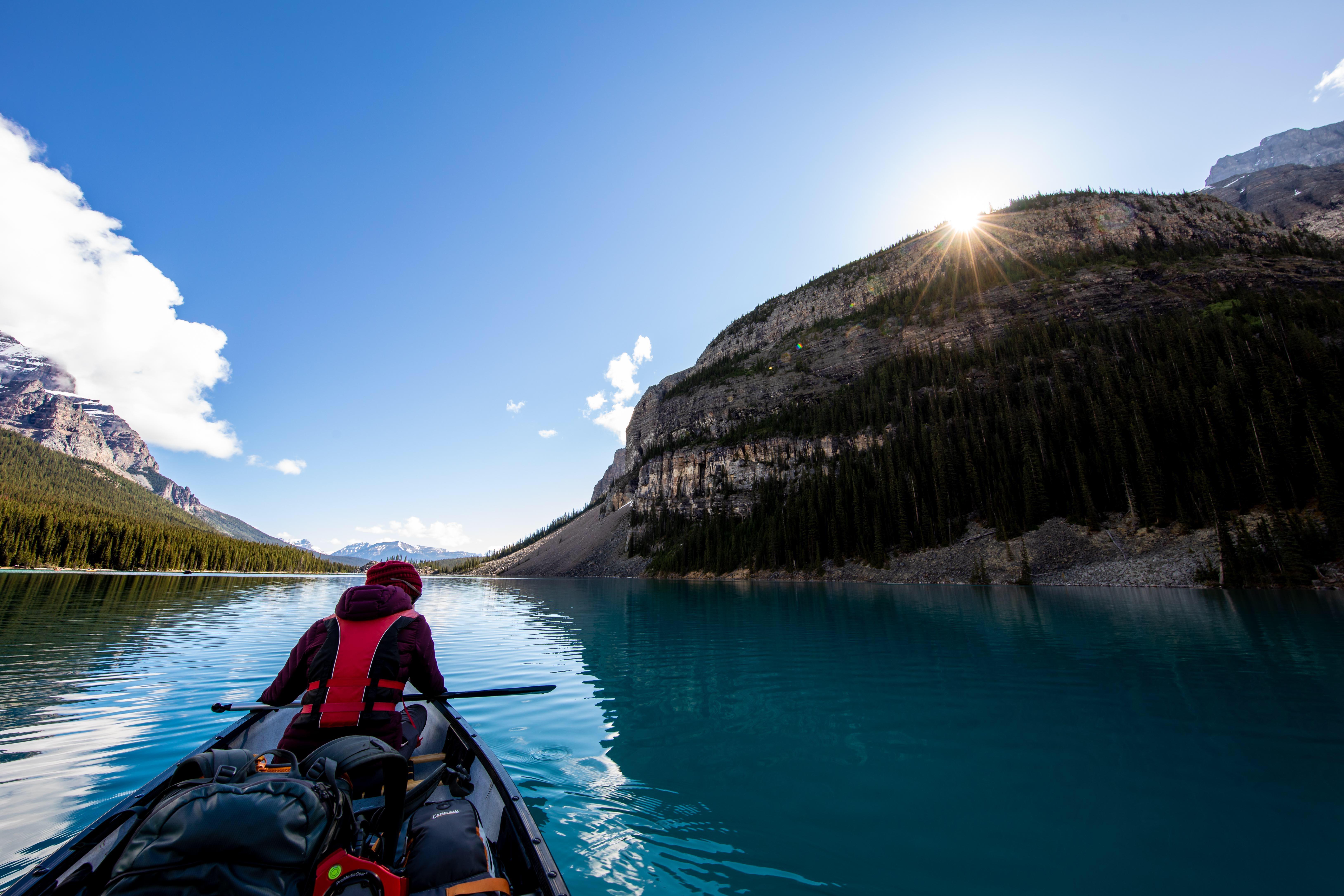 Amazing canoe paddle on Moraine Lake as the sun was rising over Banff