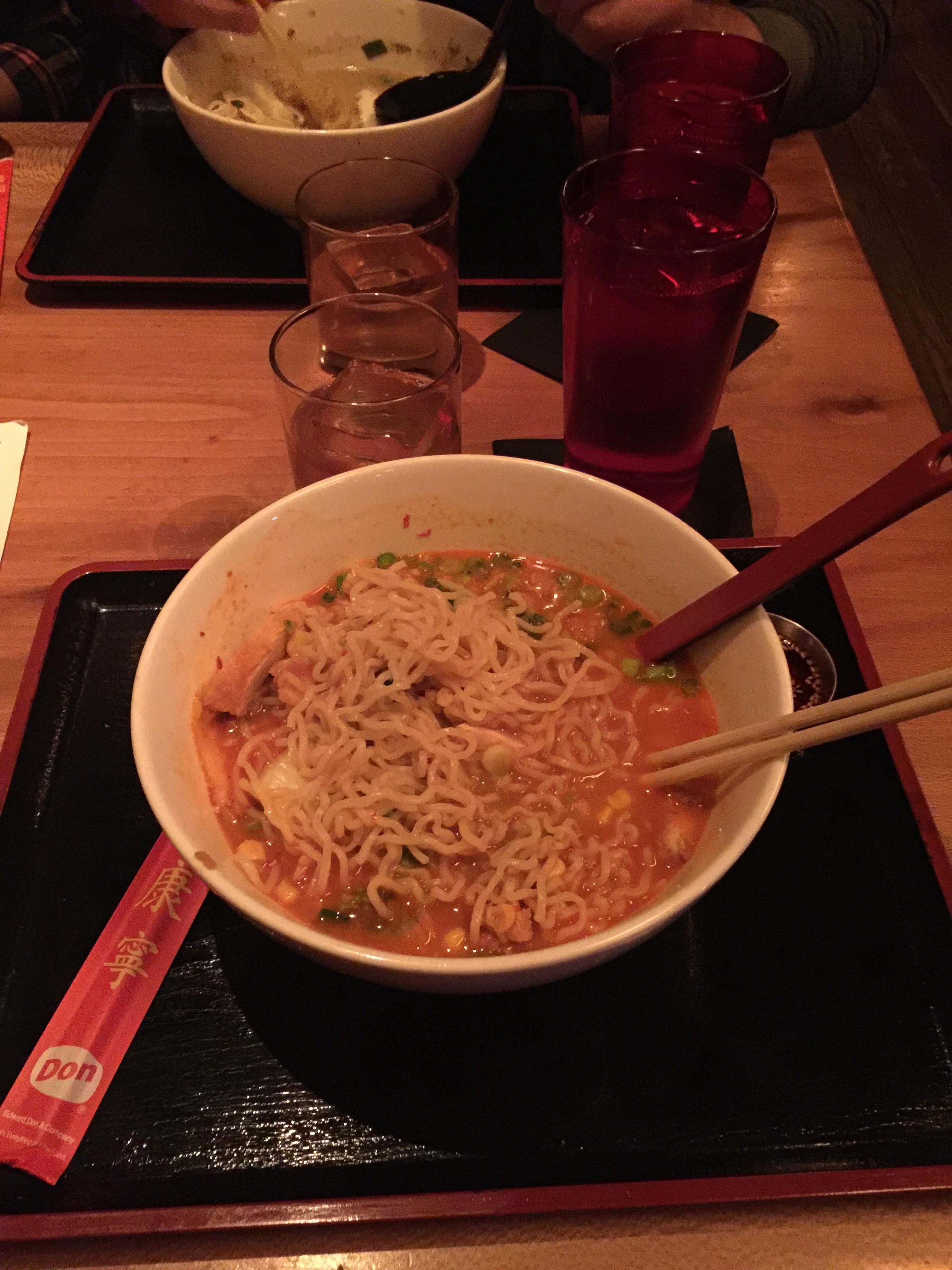 Spicy ramen with a Japanese Whiskey cocktail. RamenSan May be a chain