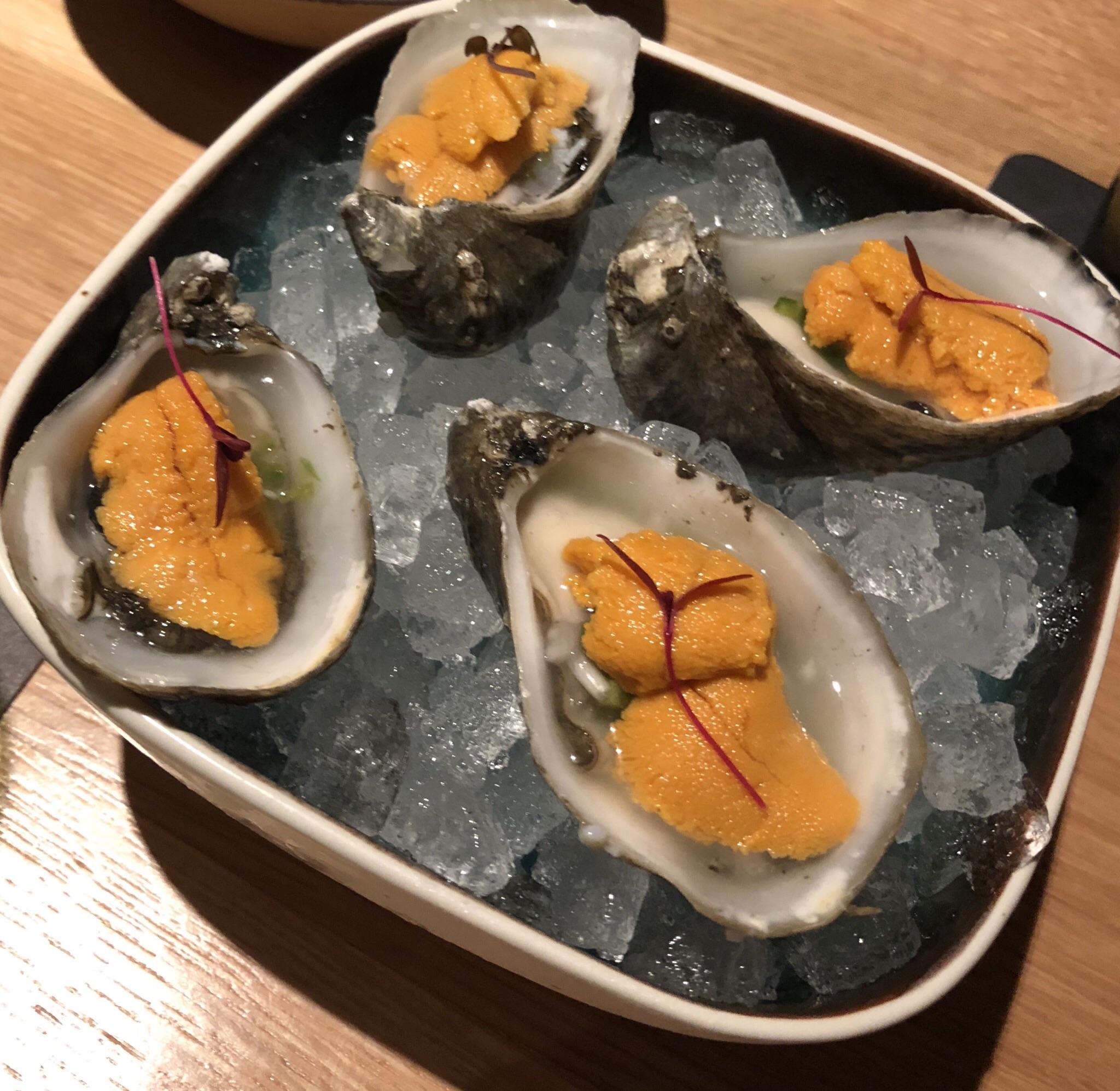 Fresh uni atop Kumamoto oysters, Aqui Houston ImagesOfTexas