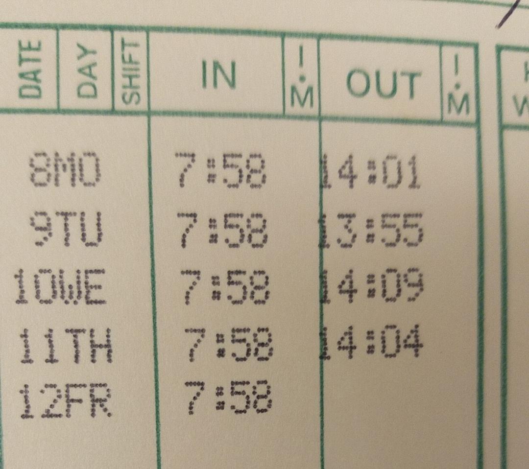 Clocked in at the same time every day for the first week of work. r