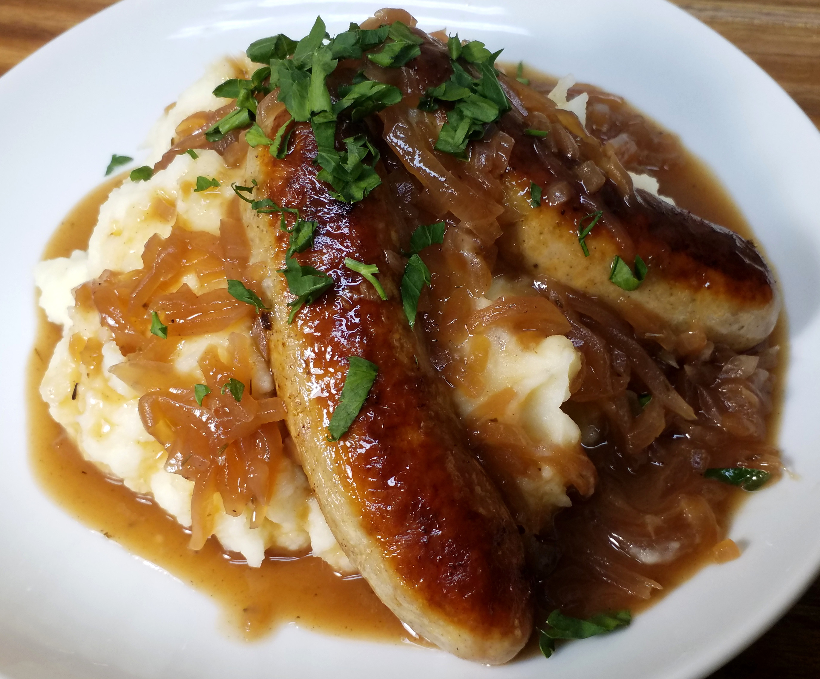 Cumberland Sausages and Mash with Onion Gravy r/UK_Food