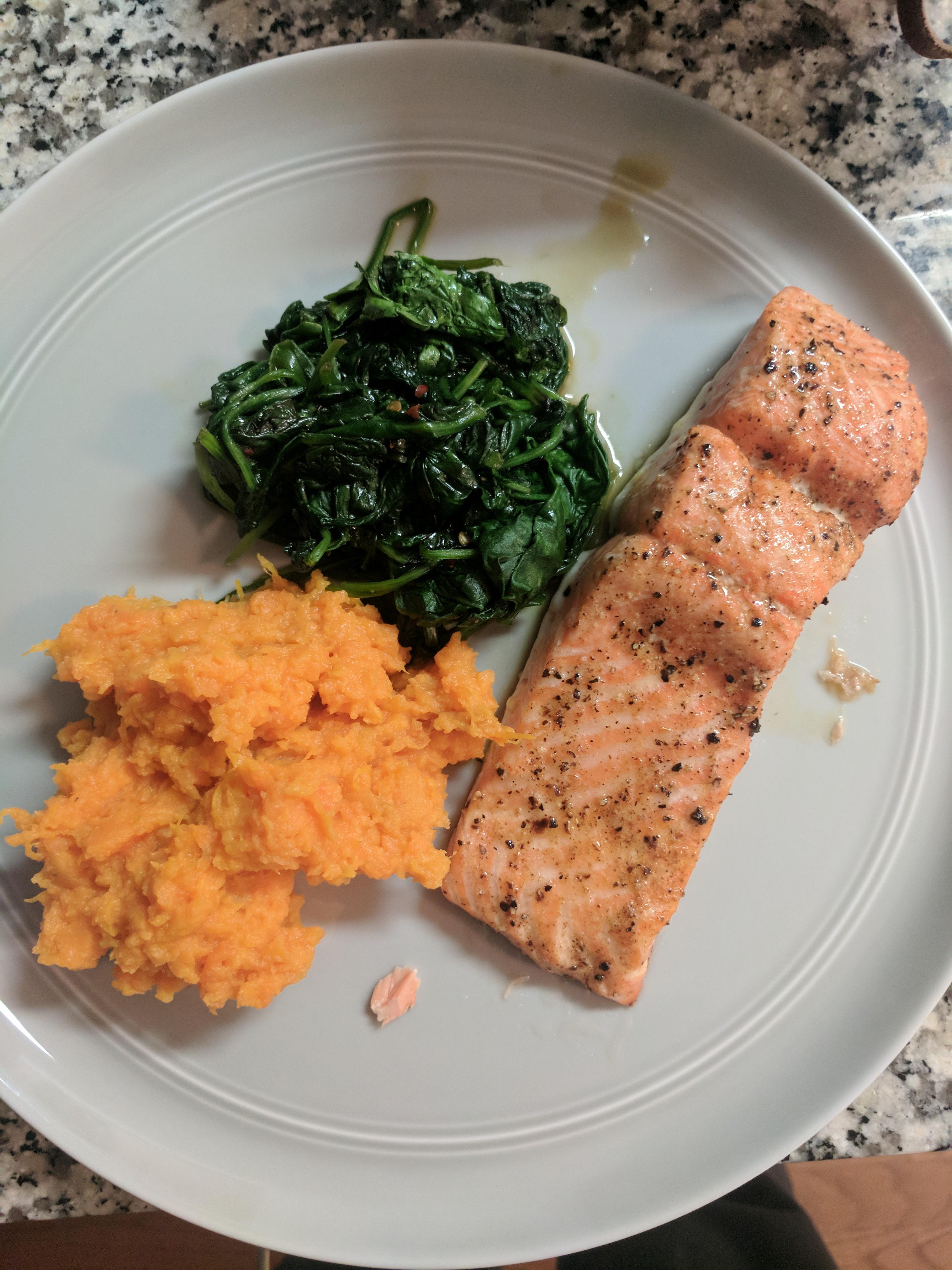 Baked Wild Salmon, Spinach, Sweet Potato [Homemade] r/food