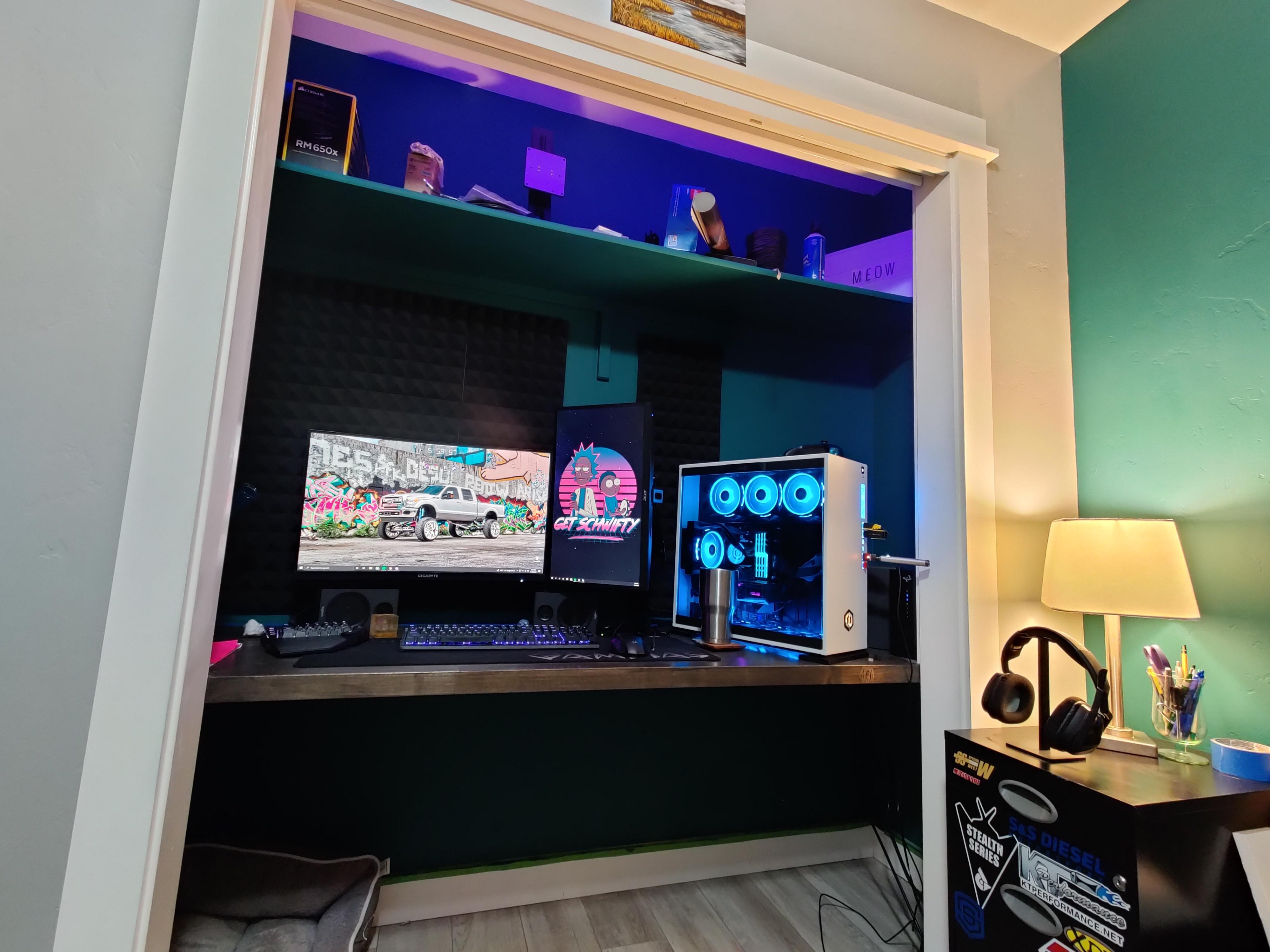 A mild upgrade from my prior desk setup. Custom in closet desk setup