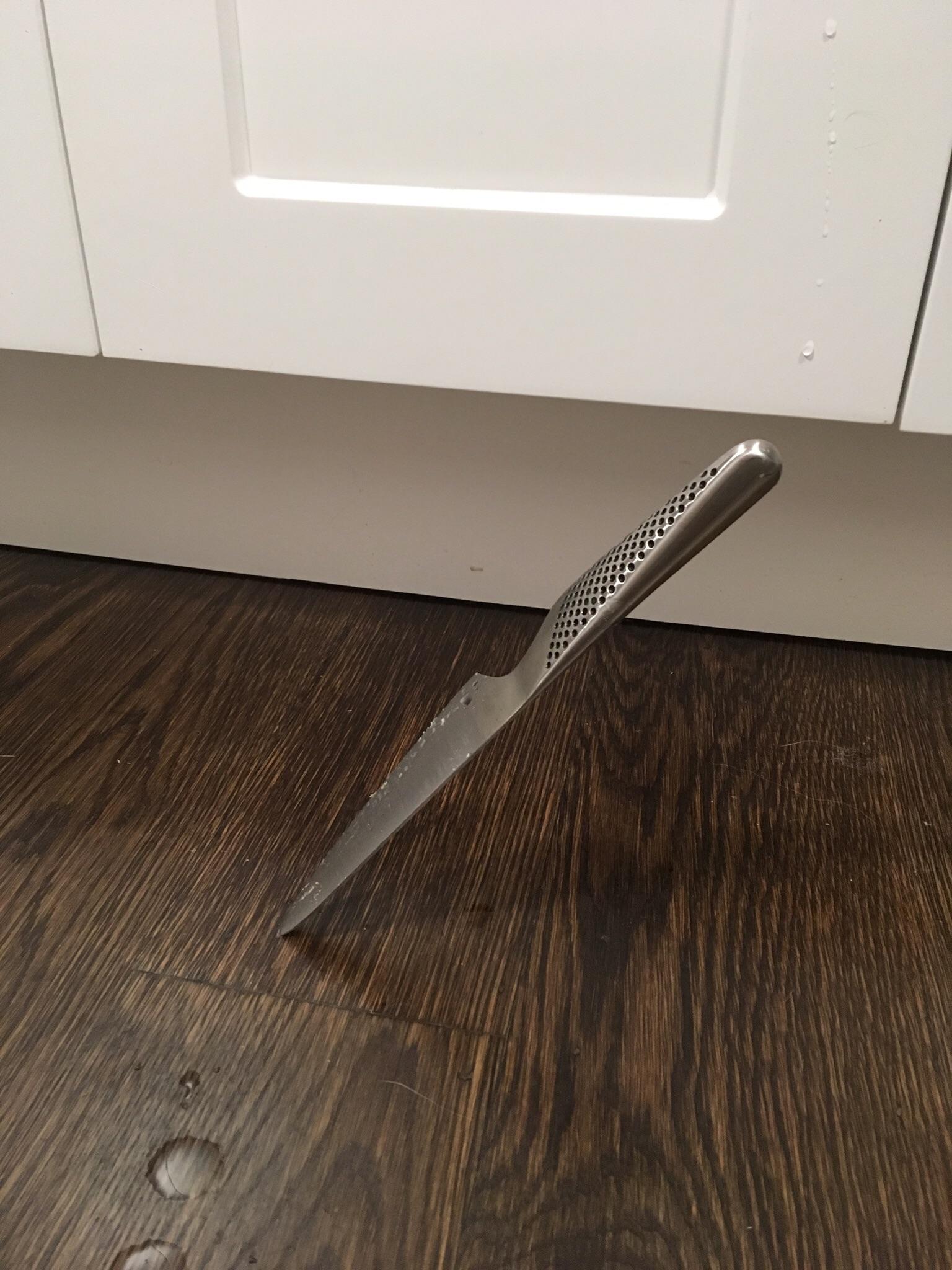 Dropped a knife while washing the dishes. It landed like this. r