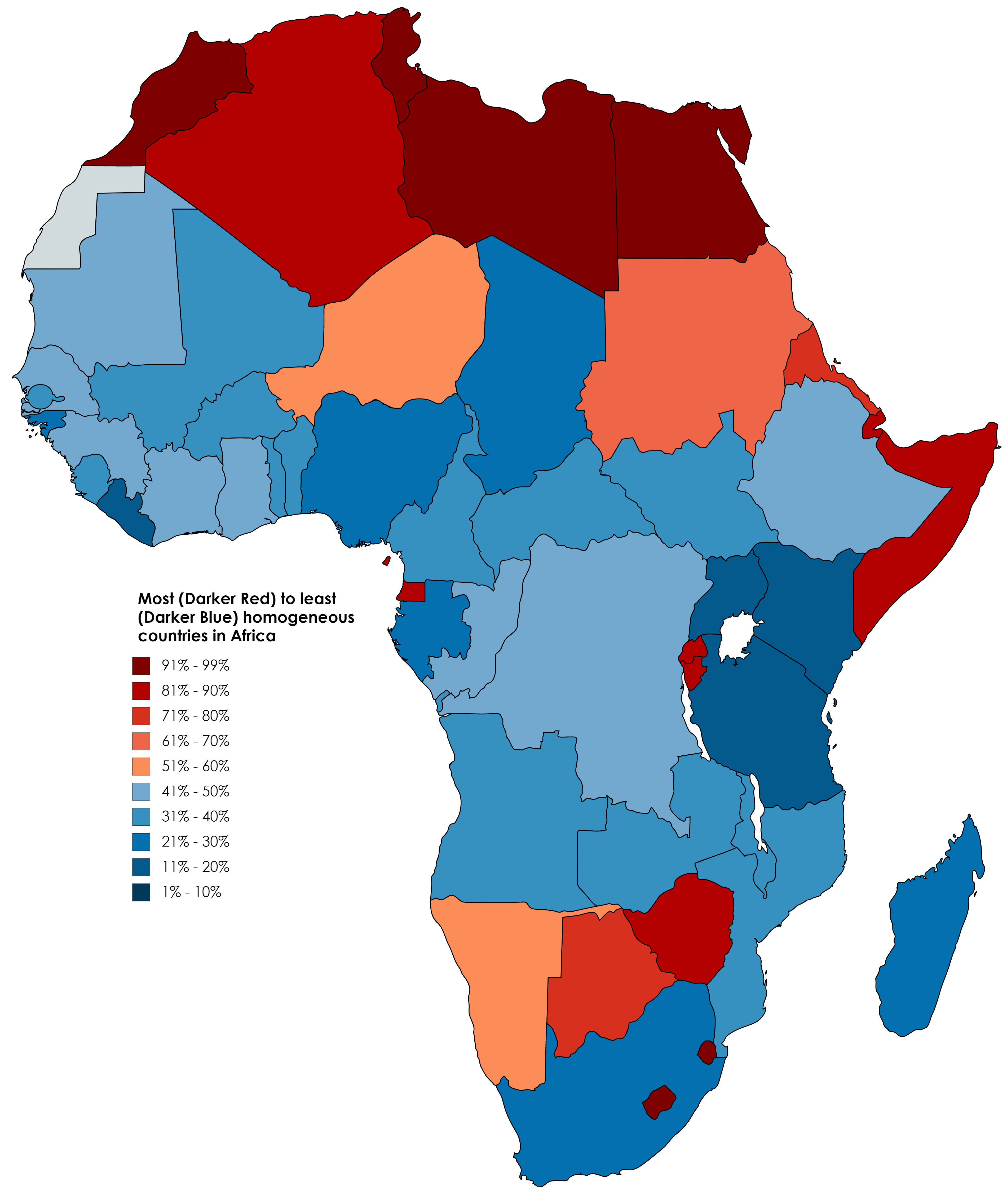 The most (darkest red) and least (darkest blue) homogenous countries in
