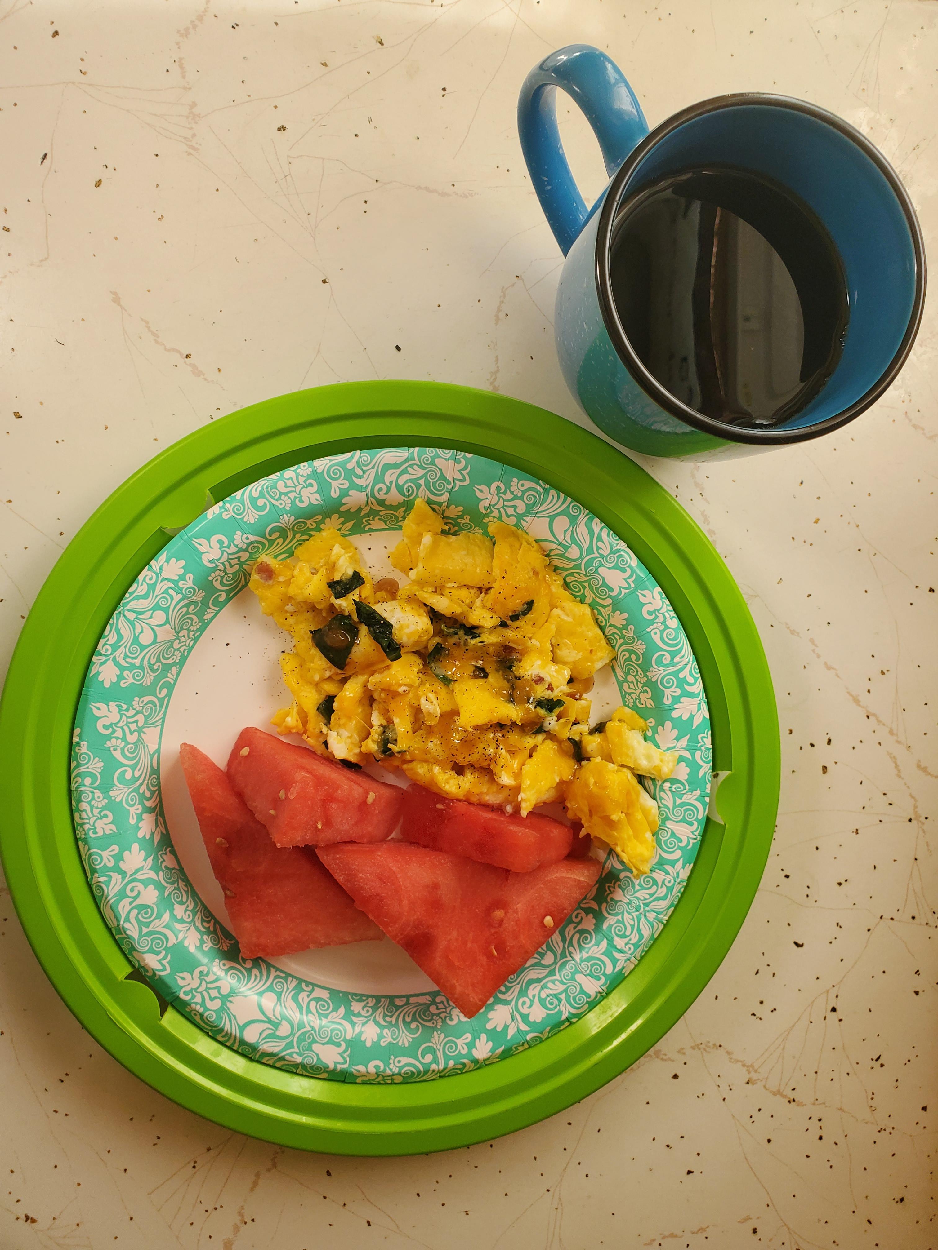 100 Aldi breakfast eggs w/ Colby Jack Cheese & spinach. Side of