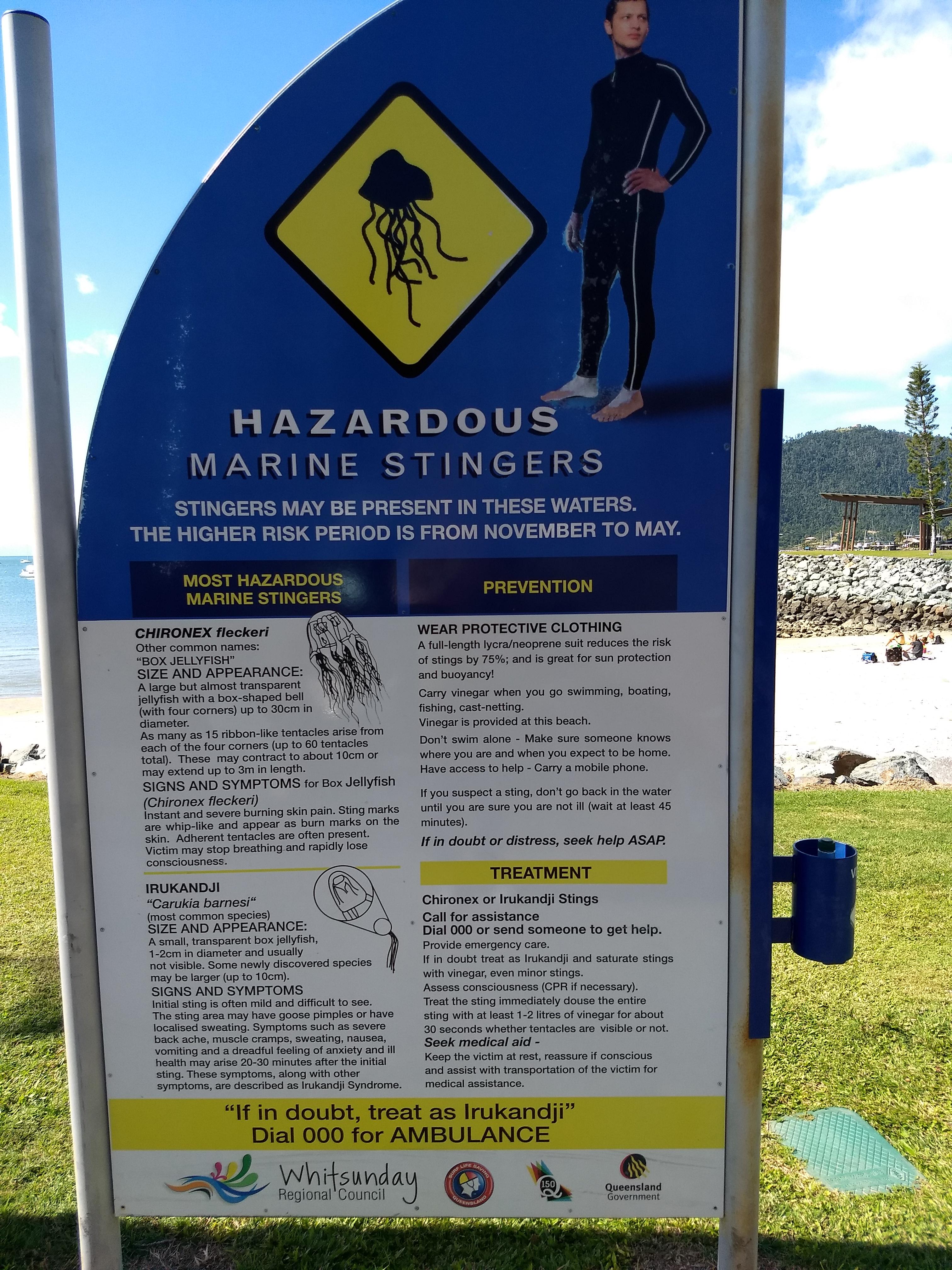 Dangerous jellyfish warning sign plus vinegar bottle at Airley Beach