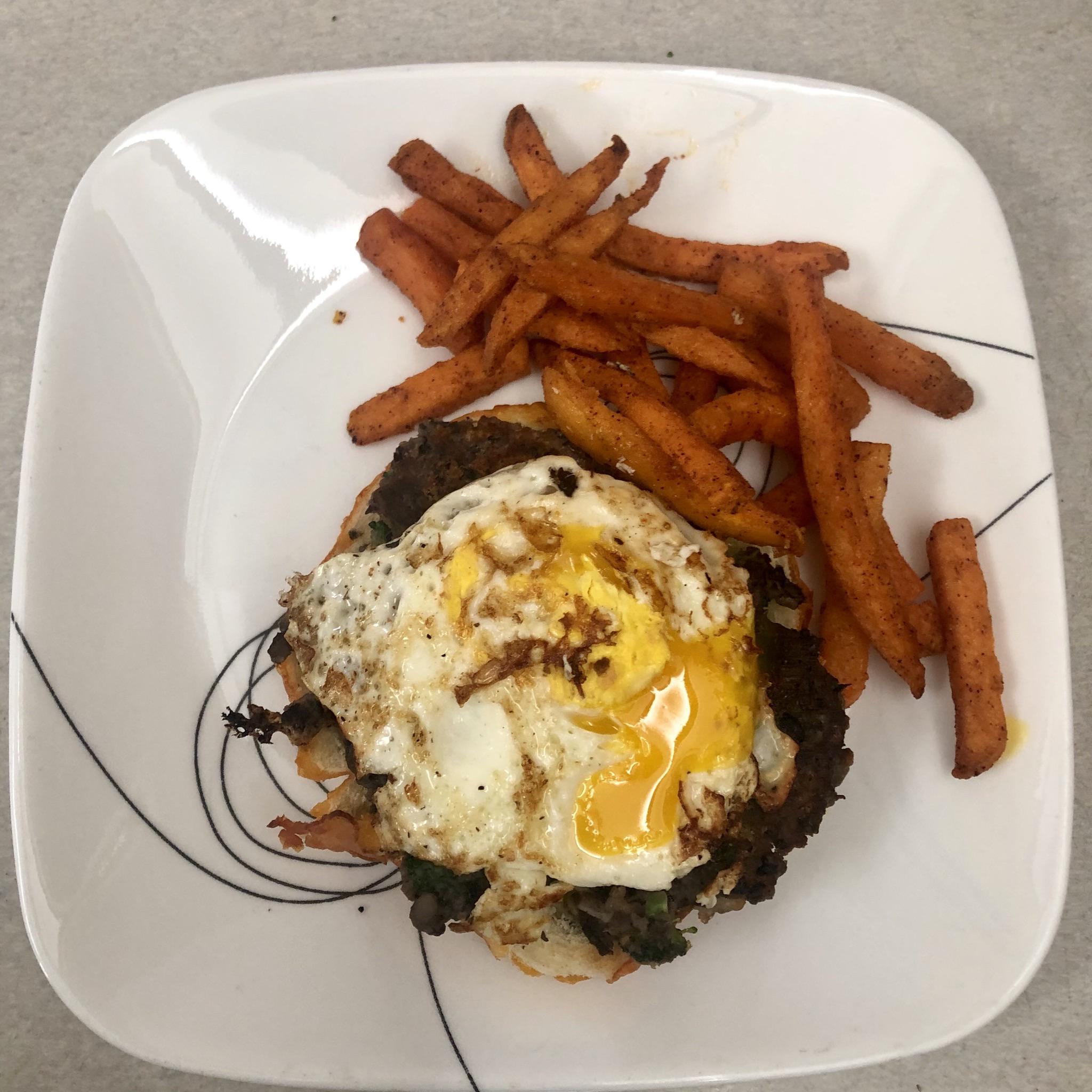 Week 15 Beans Black Bean Burger, Egg, and Sweet Potato Fries r/52weeksofcooking