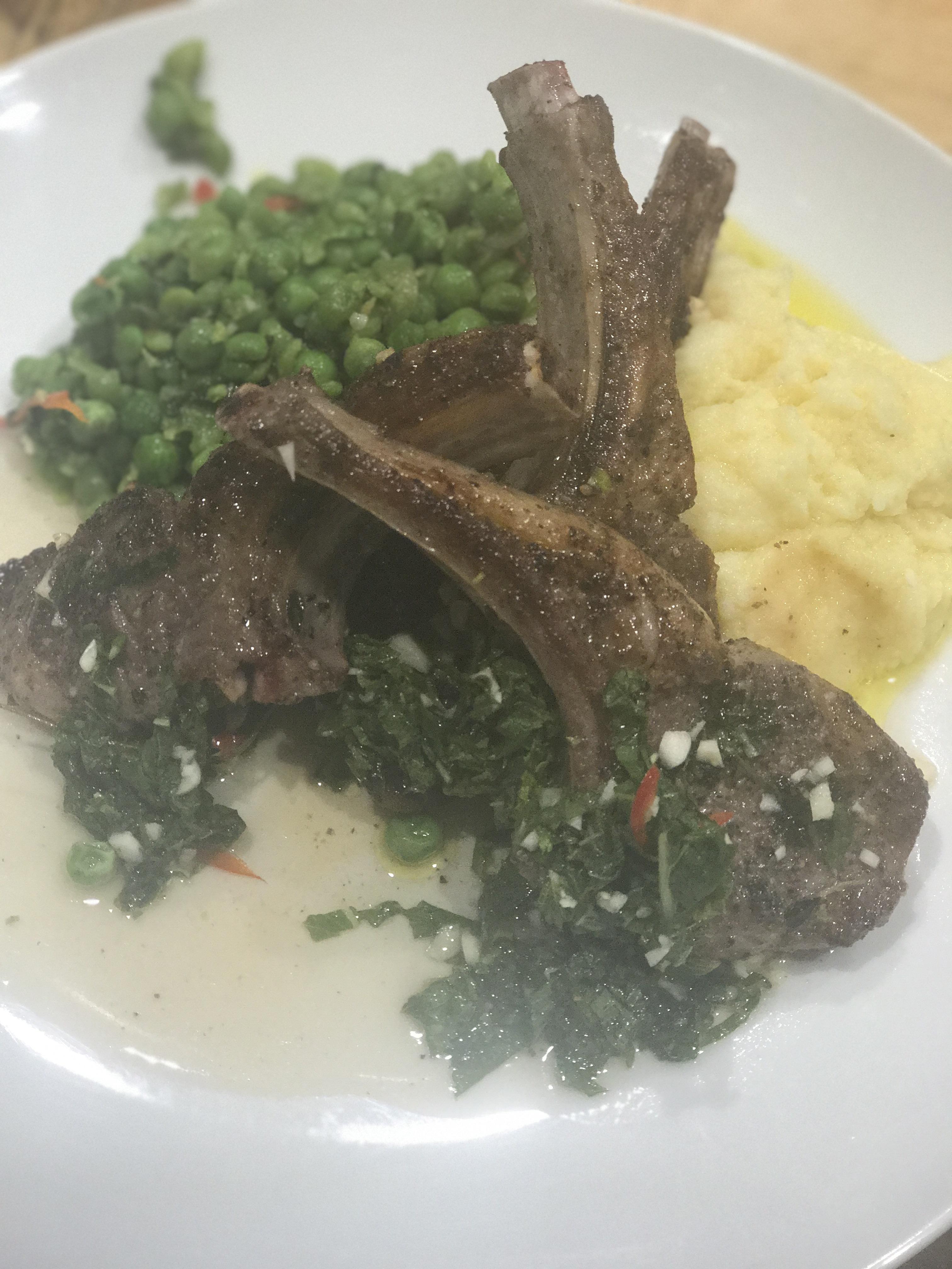 [homemade] lamb cutlets, mint,chilli & garlic sauce, buttery mash and minted peas r/food