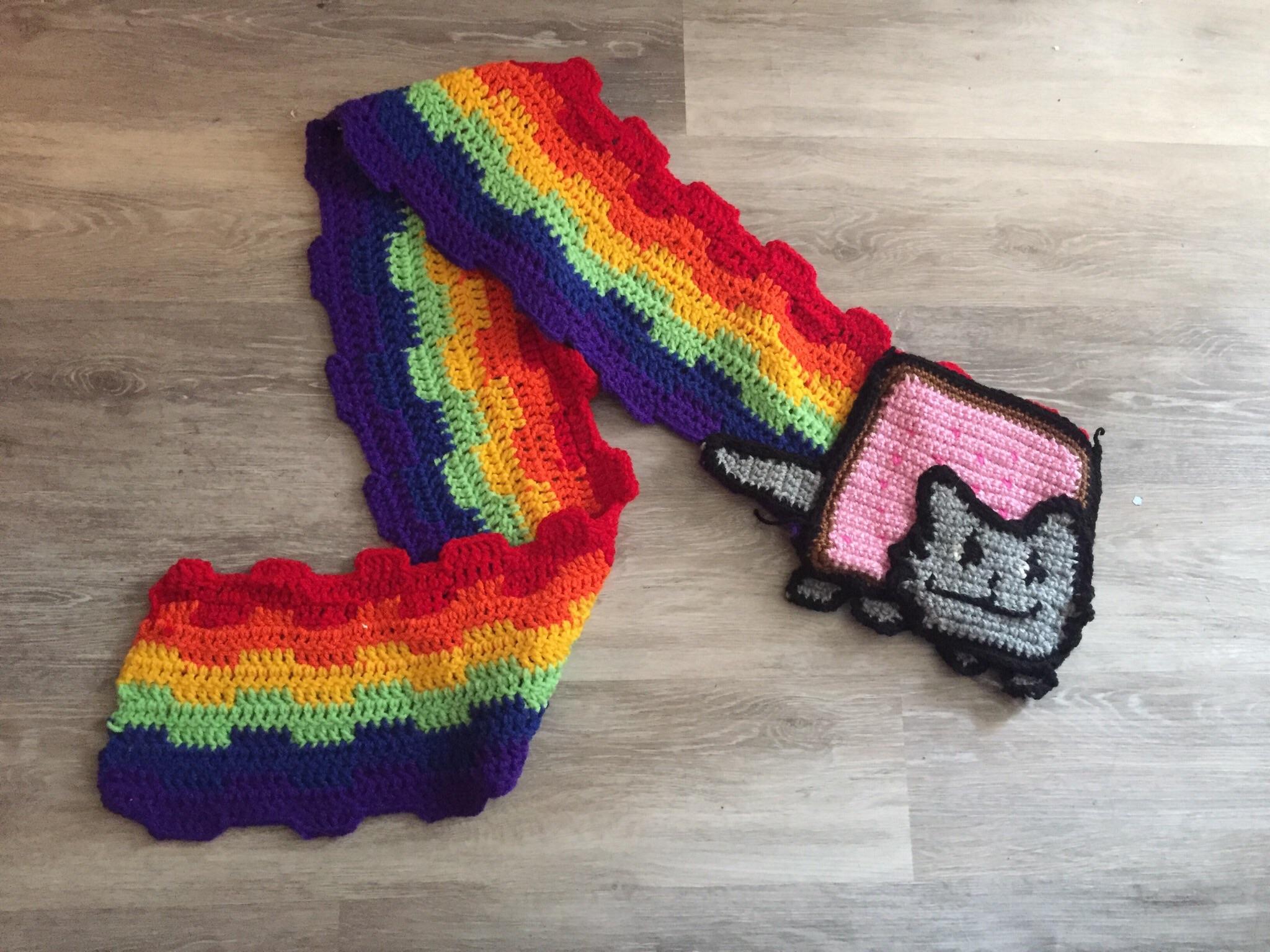 Nyan cat crochet. The cat is a pocket/bag. Designed as a scarf. It was