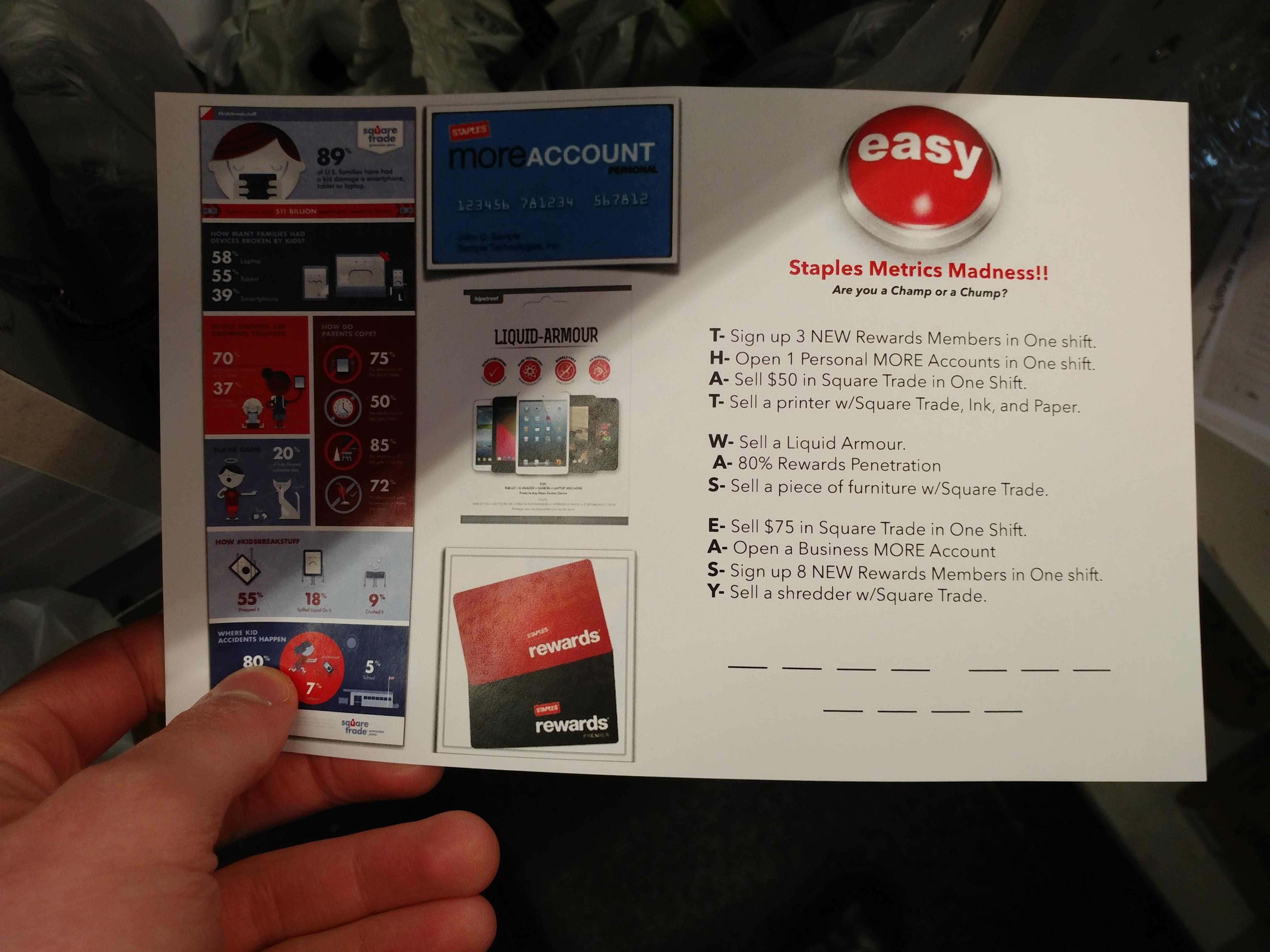 Doing that in a week gets us a 25 gift card... r/Staples