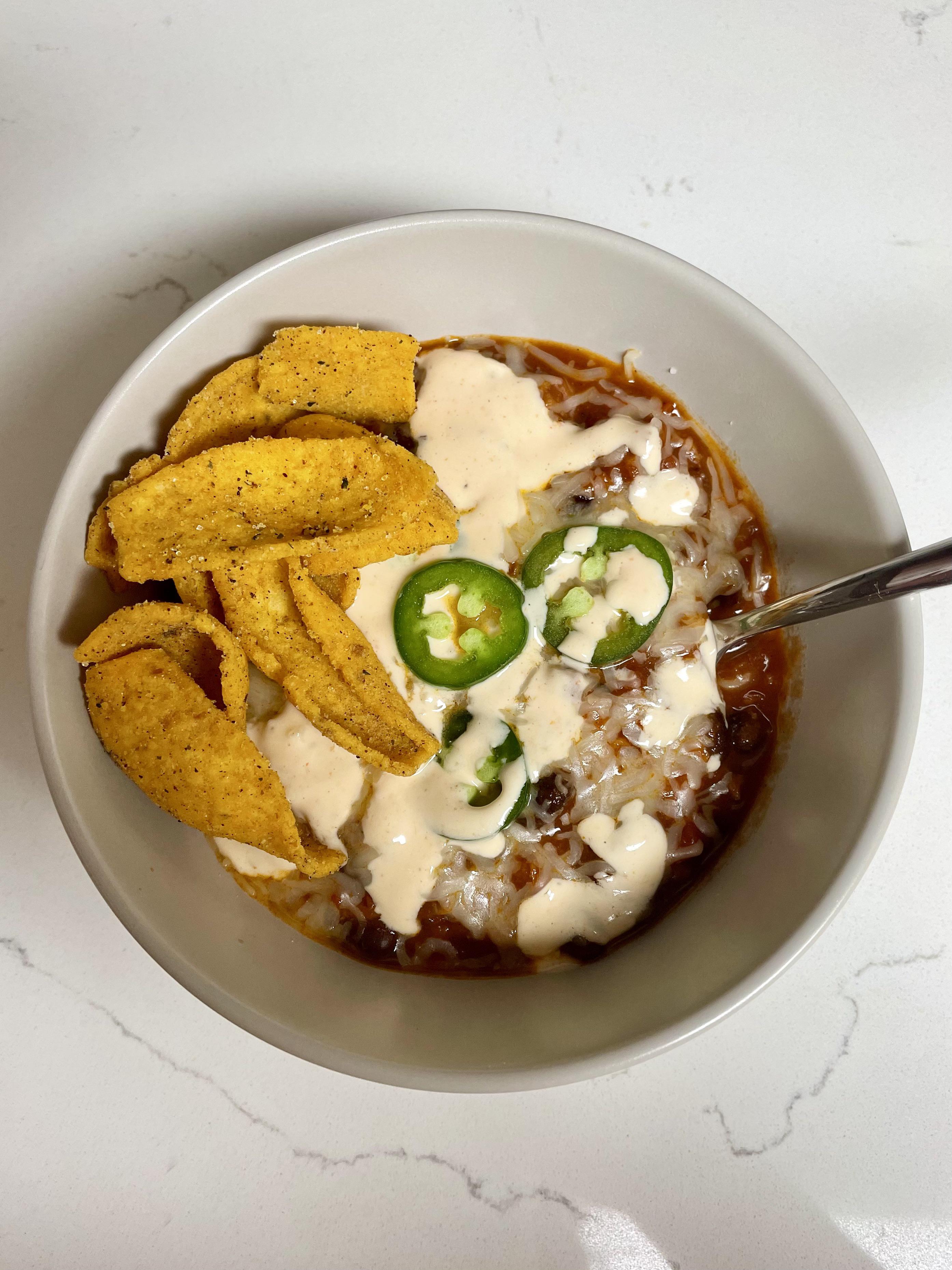 OnePot PlantBased Protein & Bean Chili with Hot Sauce Crema