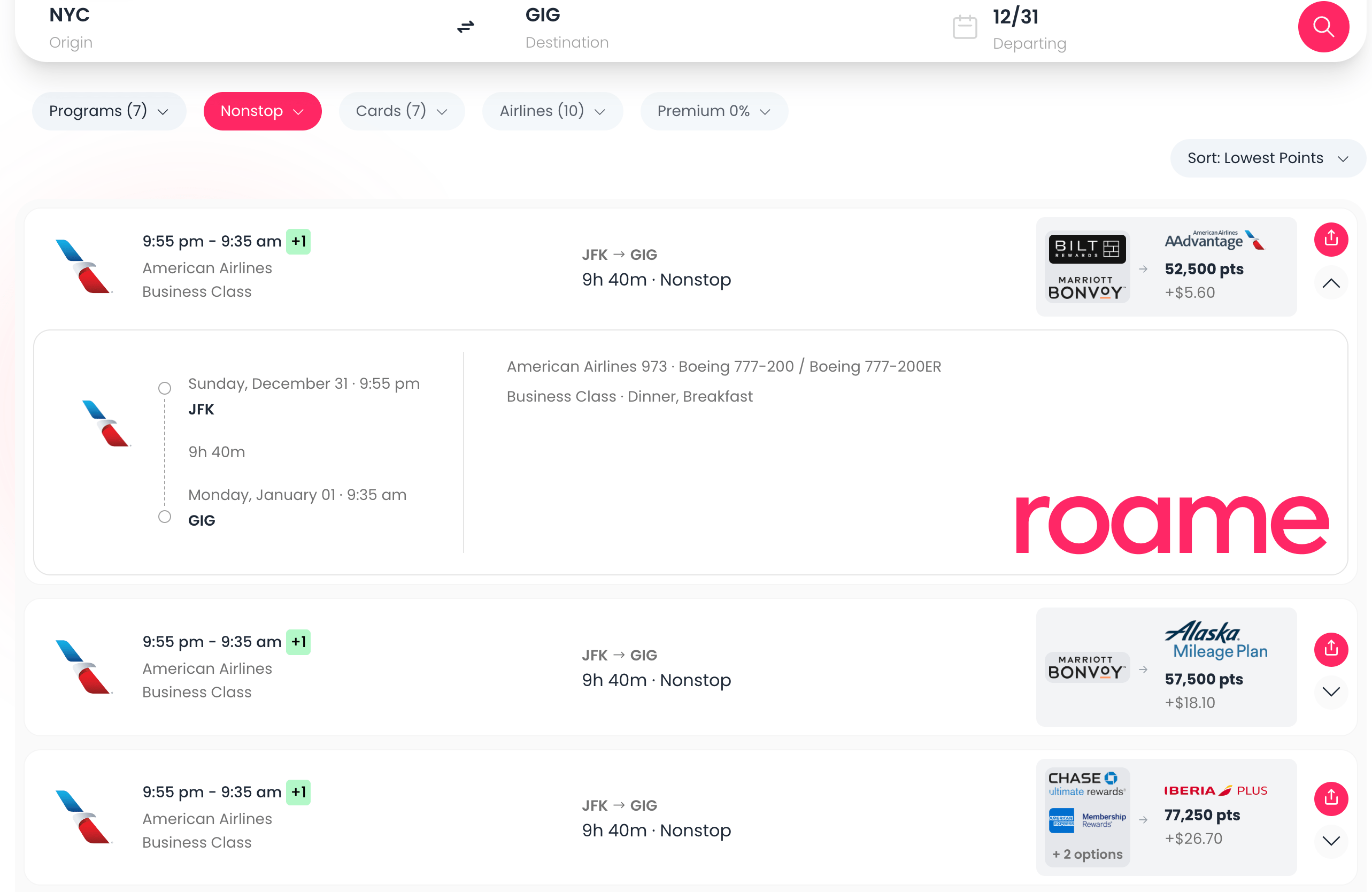 52,500 pts American Airlines Business Class from New York to Rio de