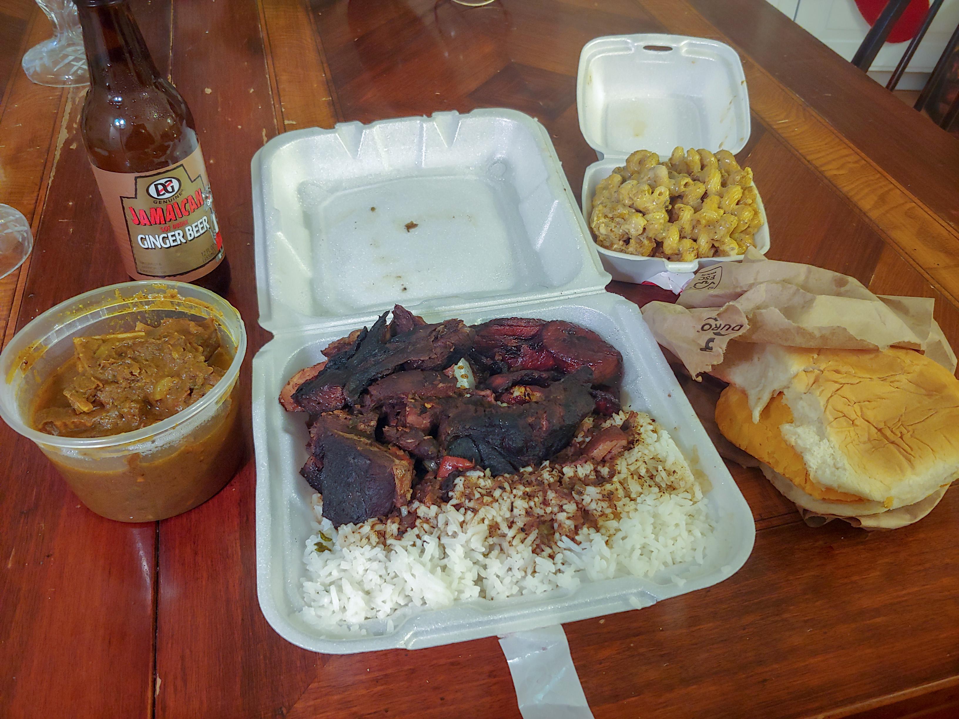 Jamaican for dinner (jerk pork, curry goat, jerk chicken mac & cheese